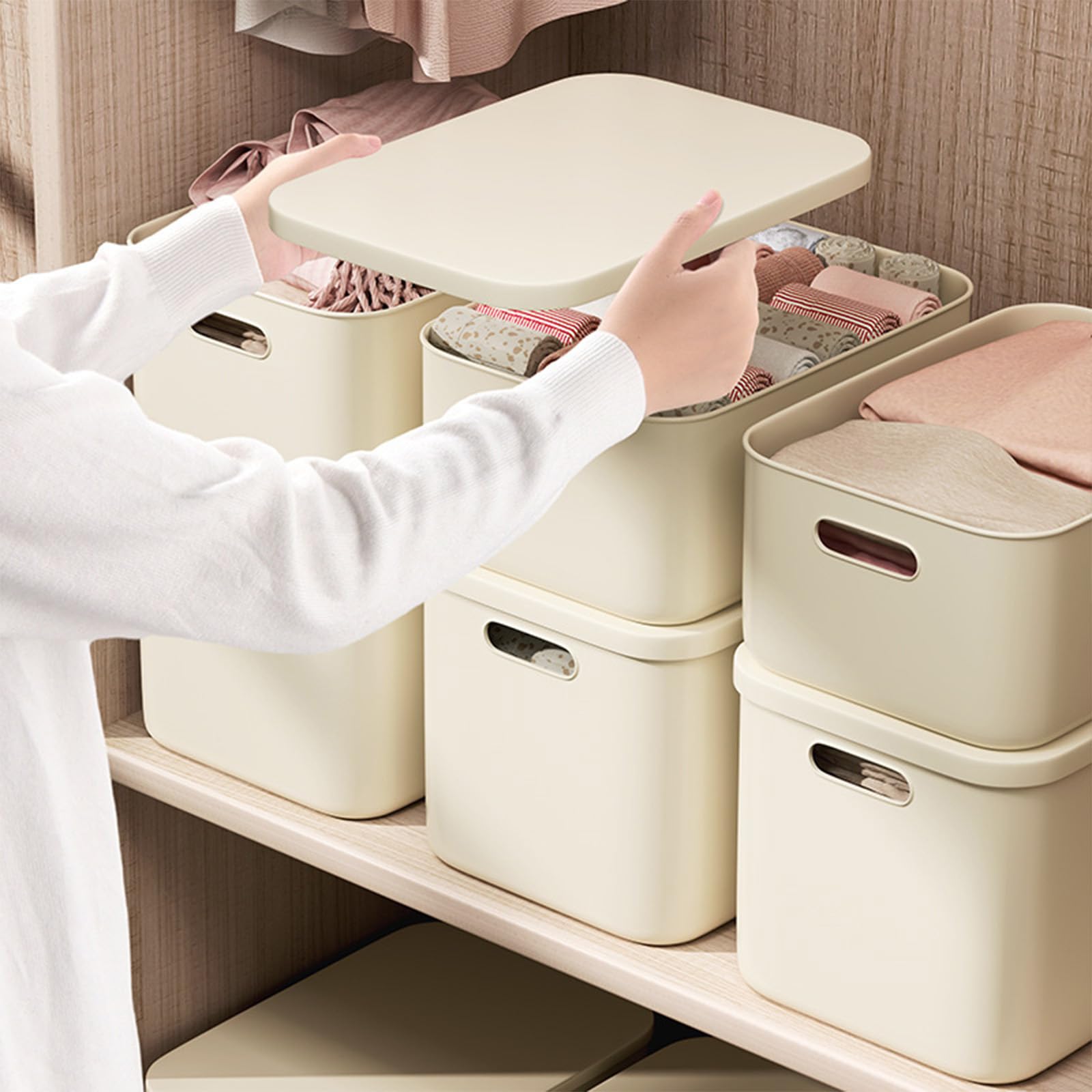 Stylish Cream Desktop Organizer with Lid - Perfect for Snacks, Cosmetics & Office Supplies | Dormitory & Home Storage Solution | Japanese Plastic Storage Bins for Desk Organization