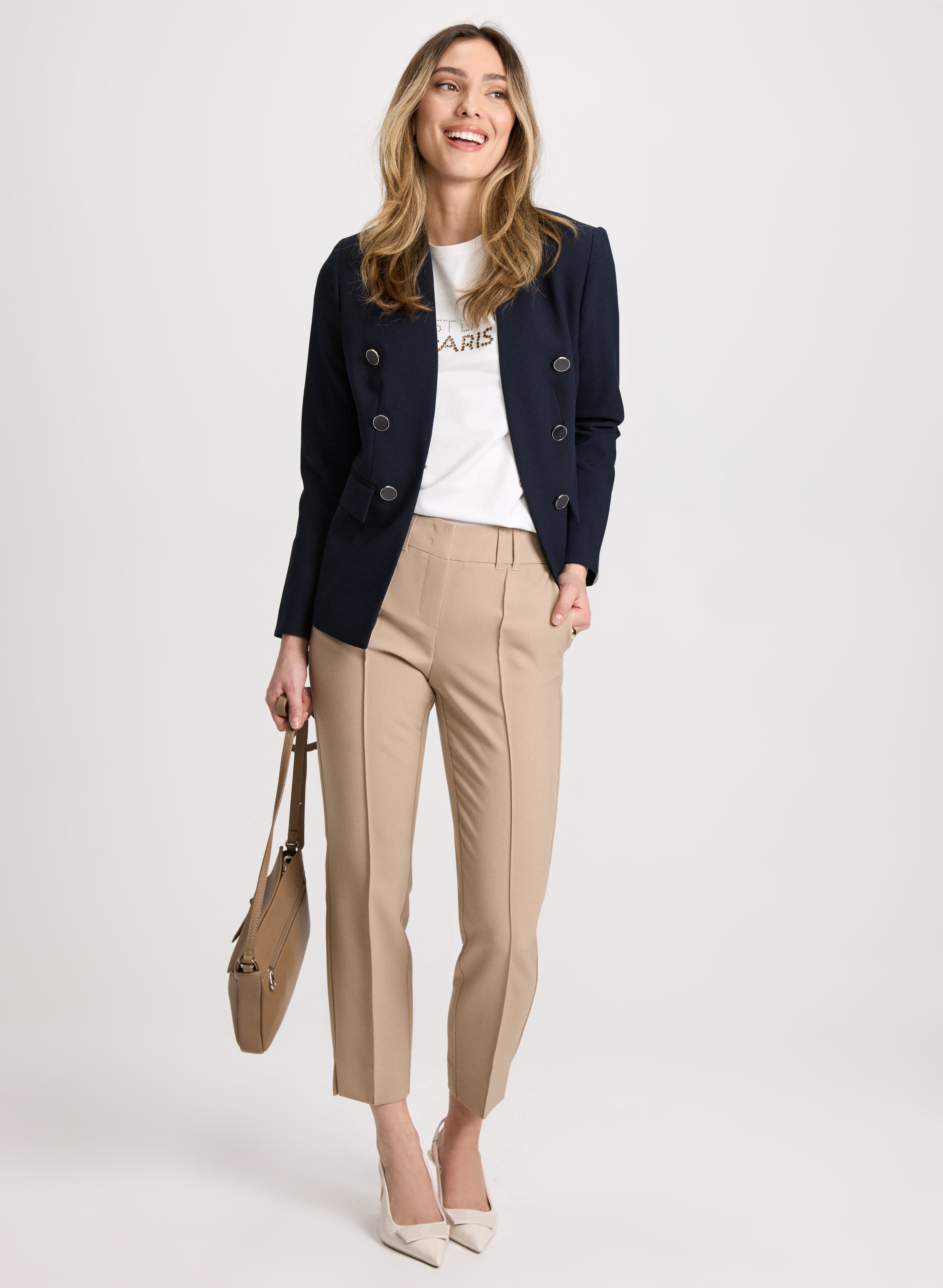 Stylish Contrast Button Blazer & Slim Leg Pants Set for Women - Office Wear, Business Casual Outfit, Professional Work Attire