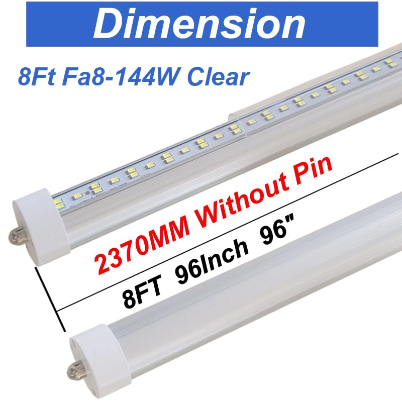 8Ft LED Ballast Bypass Bulbs - 144W Single Pin FA8 F96T12 LED Replacement for T8 T12 T0 Tube Lights - 6500K Daylight White, Clear Cover, No RF/FM Interference (12 Pack) - Perfect for Warehouses, Garages, and Commercial Lighting