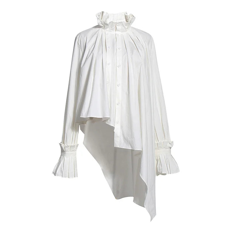 Asymmetrical Hem Pullover Shirt for Women - Stand Collar Flare Sleeve Loose Blouse | Casual Fashion Top for Work, Date Night & Everyday Wear