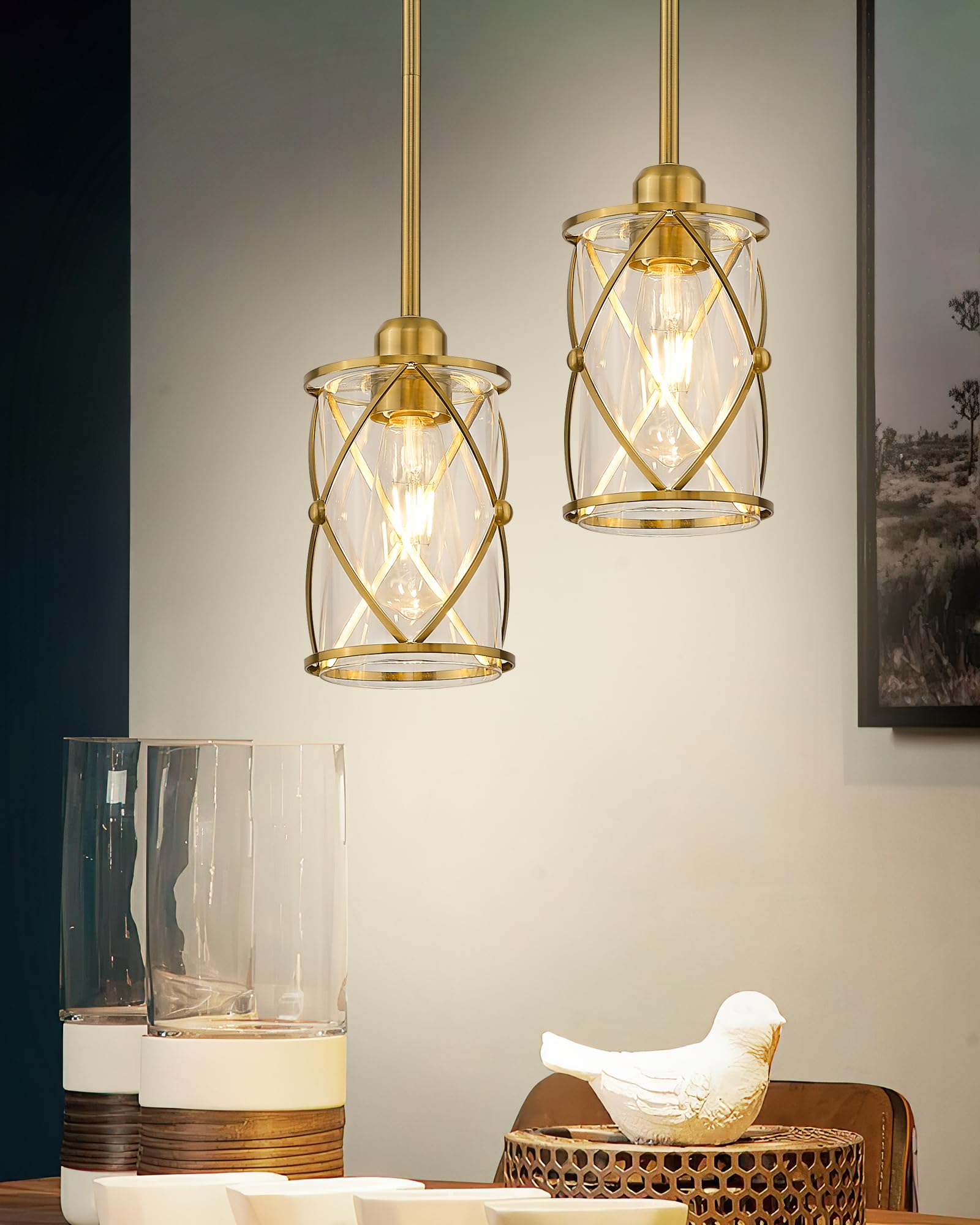 Brushed Gold Pendant Lights for Kitchen Island - 2 Pack Farmhouse Brass Glass Cage Hanging Light Fixture with Rod - Perfect for Kitchen, Dining Room, Bathroom, and Sink Areas - CH9176BG-2PKG