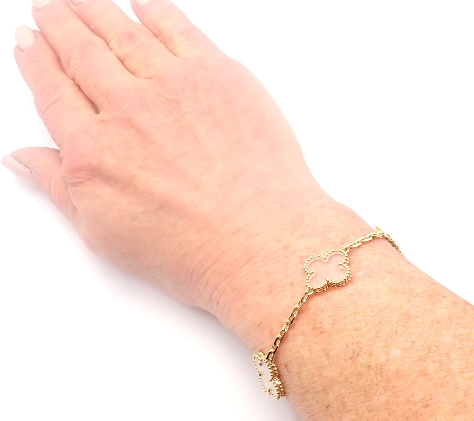 Van Cleef & Arpels 18k Yellow Gold 5 Motif Alhambra Rock Crystal Bracelet with Certificate - Luxury Jewelry for Women, Perfect for Weddings, Parties & Special Occasions