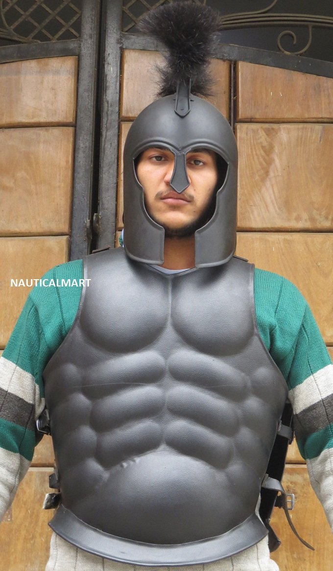 Roman Greek Muscle Armor Cuirass - Spartan Warrior Costume Set with Black Medieval Troy Helmet for Cosplay, Halloween, LARP & Theater Performances