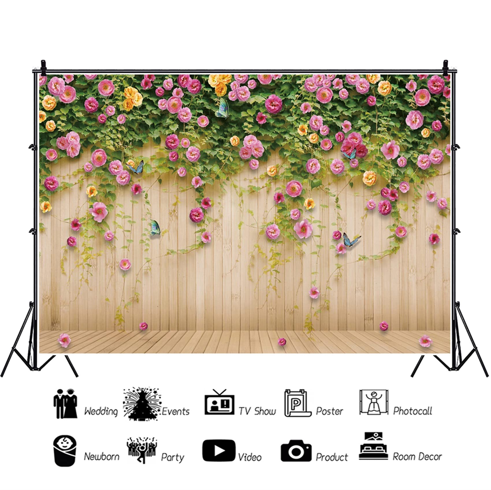 8x6FT Floral Photography Backdrop - Brown Wooden Plank with Flowers, Wedding Bridal Shower Photo Background, Party Decor, Baby Shower Props, Social Media Content Creation Backdrop