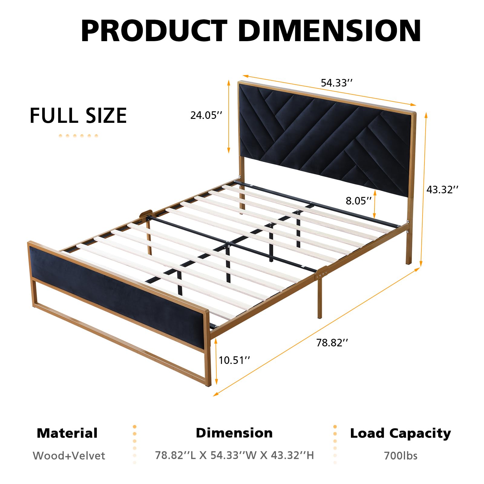 VELOCAVA Full Metal Upholstered Bed Frame with Geometric Headboard - Velvet Platform Bed with 10'' Under Bed Storage, Sturdy Metal Base & Wooden Slats - No Box Spring Needed, Noise-Free - Gold & Black - Perfect for Modern Bedrooms, Guest Rooms & Small Spaces