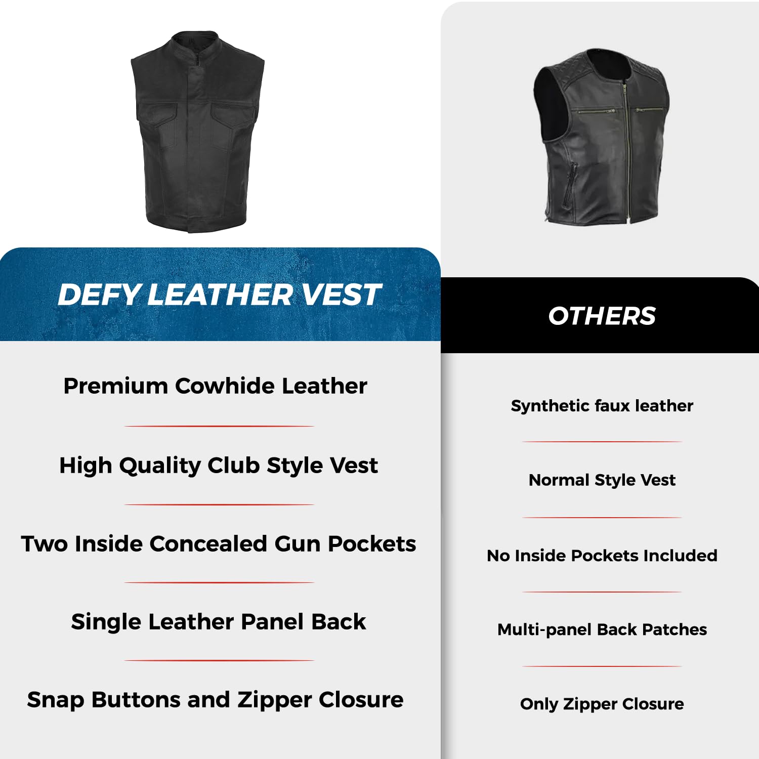 DEFY Challenge Your Fear Men's SOA Motorcycle Genuine Cowhide Leather Club Style Vest with Concealed Gun Pockets - Small | Biker Jacket for Harley Riders, Motorcycle Gangs & Outdoor Adventures