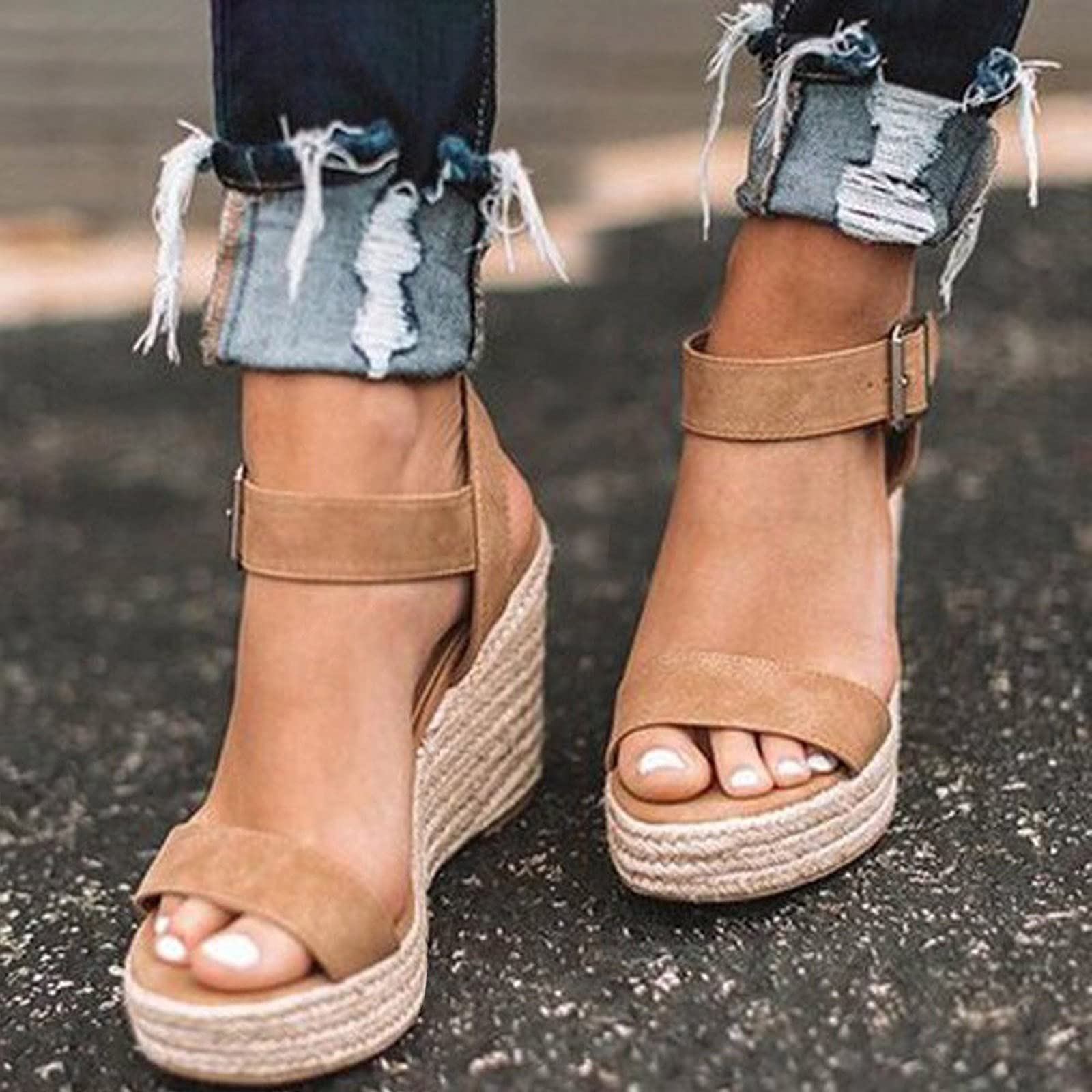 Women's Comfortable Wedge Sandals - Orthopedic Wide Width Espadrille Platform Sandals with Ankle Buckle | Summer Beach & Dressy Open Toe Sandals for Wide Feet (I-Brown, Size 9.5-10) | Perfect for Beach Vacations, Summer Outings & Casual Dressing