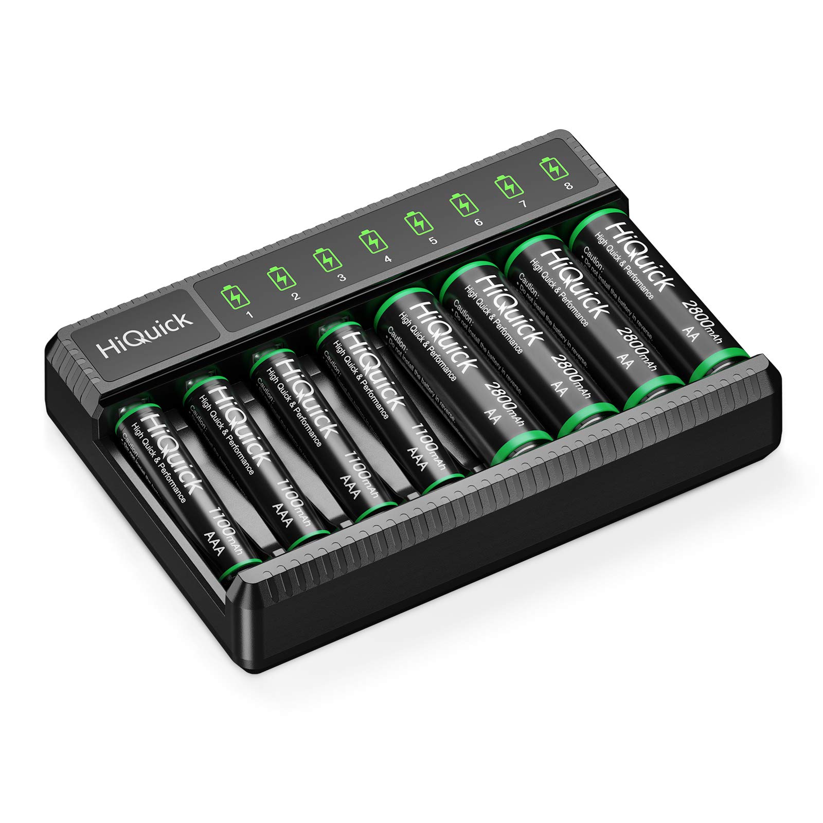 HiQuick 8 Slot AA AAA Battery Charger with 4 AA & 4 AAA Rechargeable Ni-MH Batteries - USB-C Fast Charging (5V/2A) - Individual LED Indicators - Perfect for Cameras, Toys, Flashlights & Emergency Kits