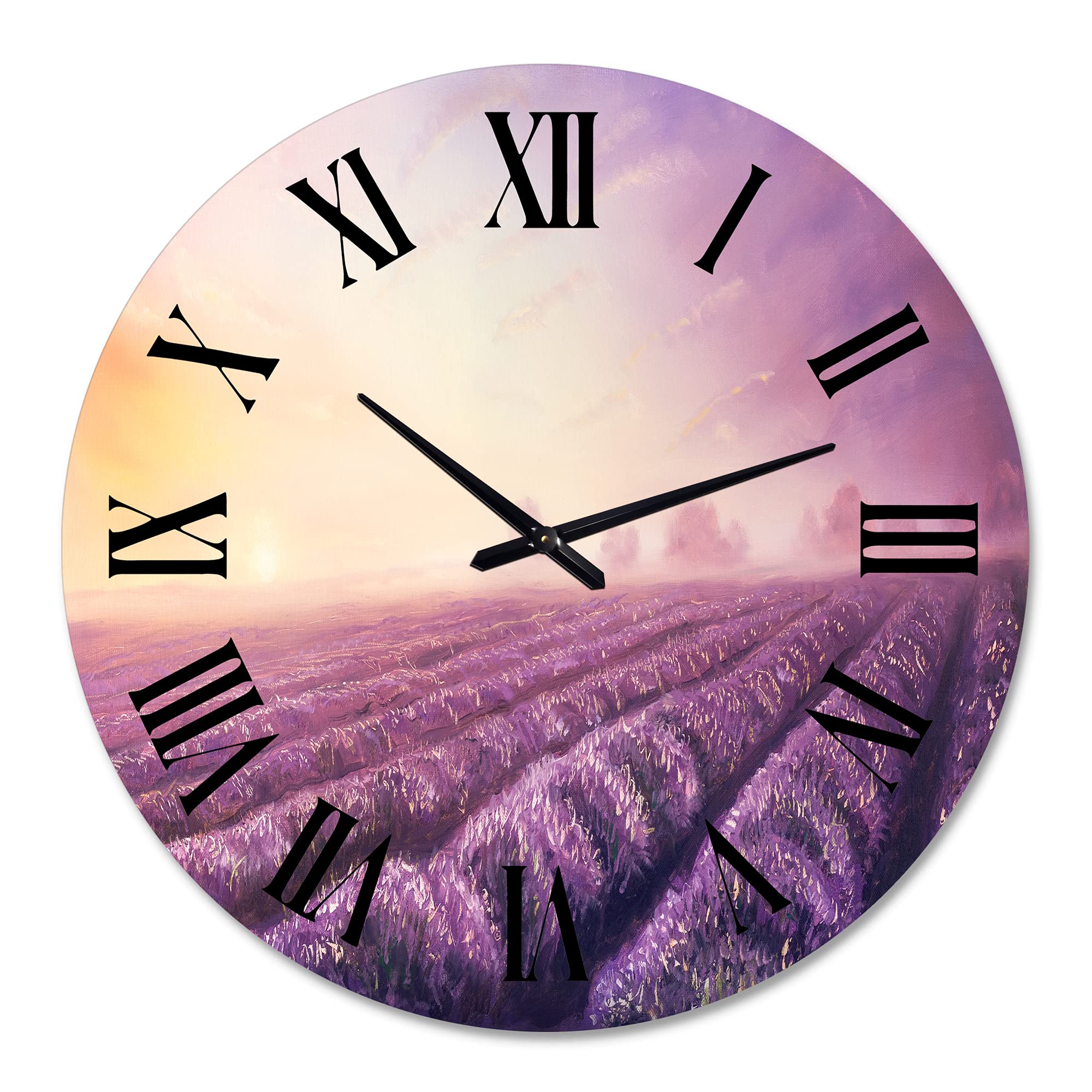 DesignQ Modern Wall Clock 'Lavender Fields at Dawn' - Large Landscape Nature Wall Clock for Home & Office Decor - Perfect for Living Room, Bedroom, and Workspace