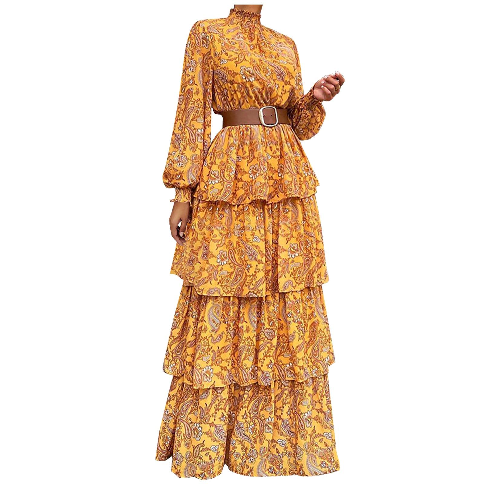 Ceimmol Women's Floral Print Puff Sleeve Turtleneck Ruffle Tiered Maxi Dress with Belt - Elegant Party, Casual Evening & Special Occasion Wear