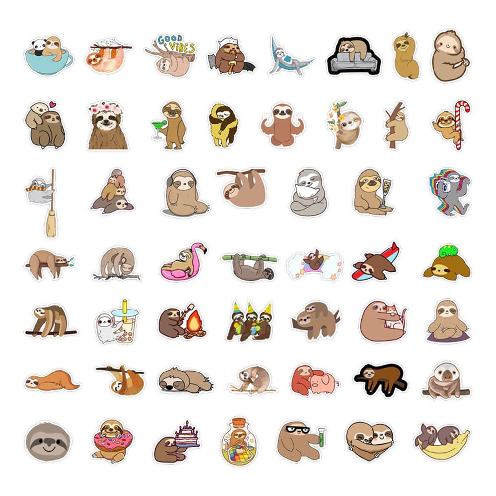 50 PCS Cute Sloth Vinyl Waterproof Stickers - Durable Animal Decals for Water Bottles, Skateboards, Laptops & Travel Cases - Perfect for Adults, Teens & Kids - Great for School, Office & DIY Projects