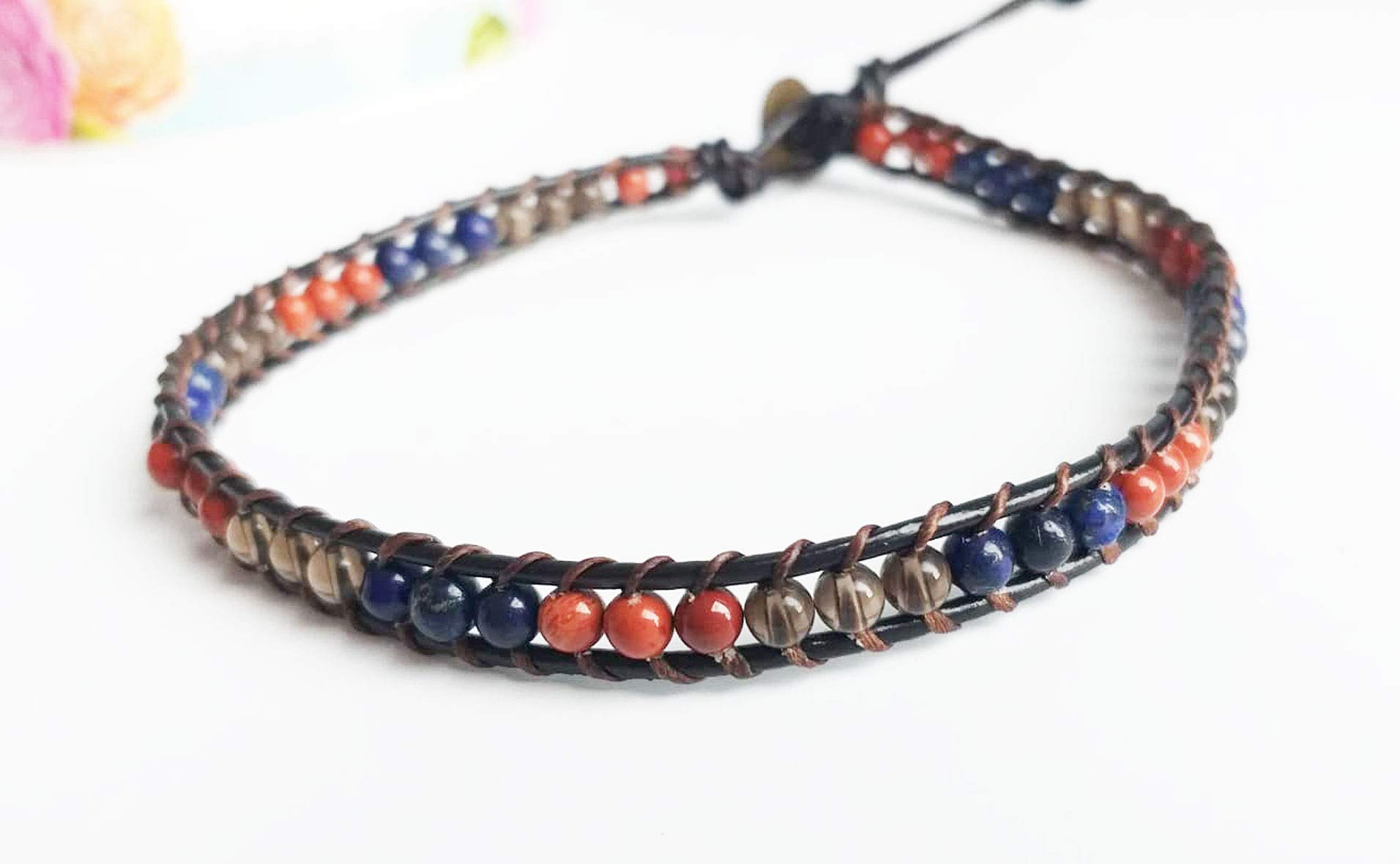 Lapis Red Jasper Smoky Quartz Leather Anklet – Red Blue Gray Beaded Gemstone Anklet for Men & Women – Perfect for Beach, Yoga, and Boho Fashion