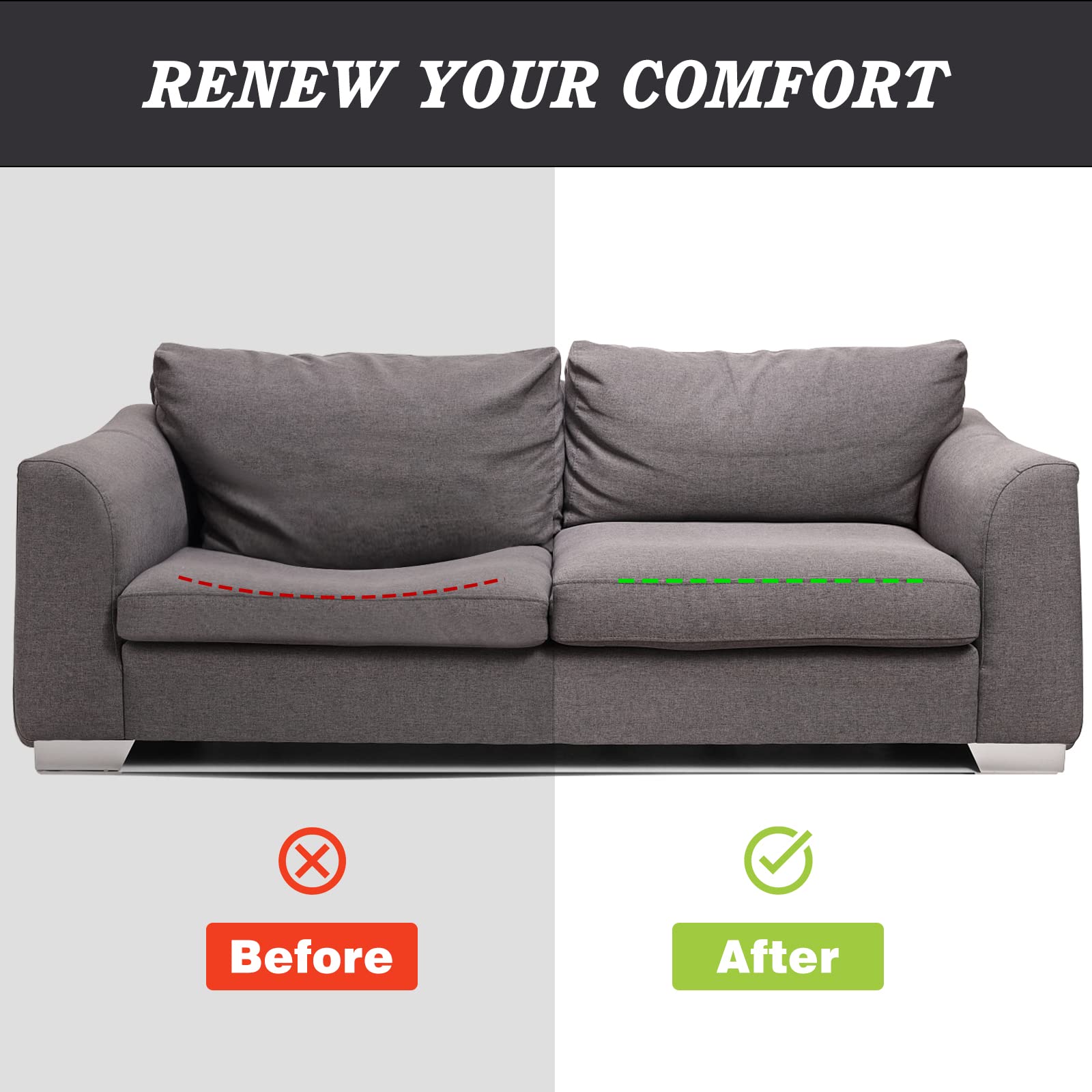 HAVARGO High-Density Foam Couch Cushion Support for Sagging Sofas - Set of 3 Dark Grey Seat Cushion Inserts | Durable Sofa Seat Reinforcement for Living Room, Family Room & Office Furniture