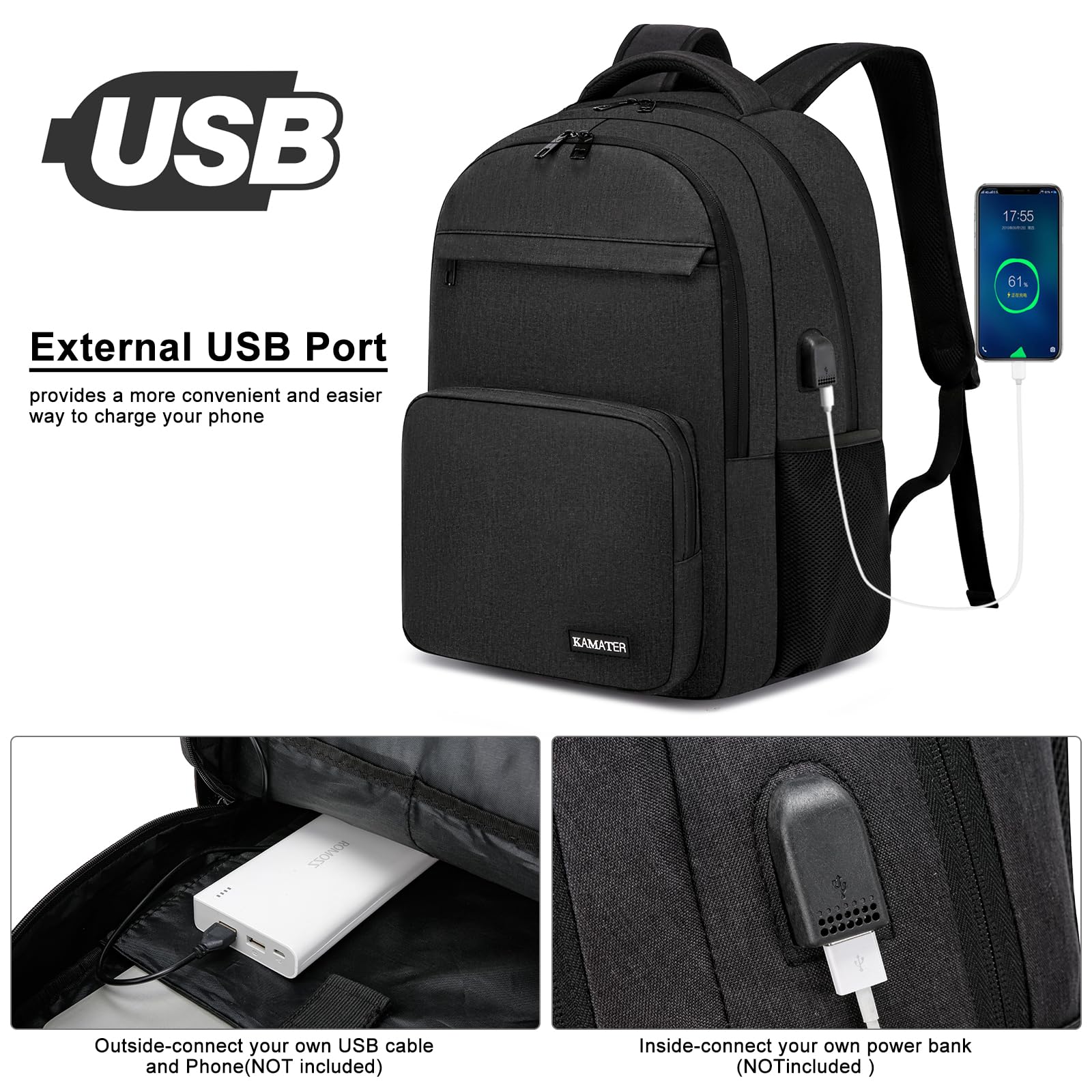 Stylish Black Backpack for School - 15.6 Inch Laptop Bookbag with Multiple Compartments for Teens, Students, Men & Women - Perfect for Middle School, College, Work & Travel (ONLY BACKPACK)