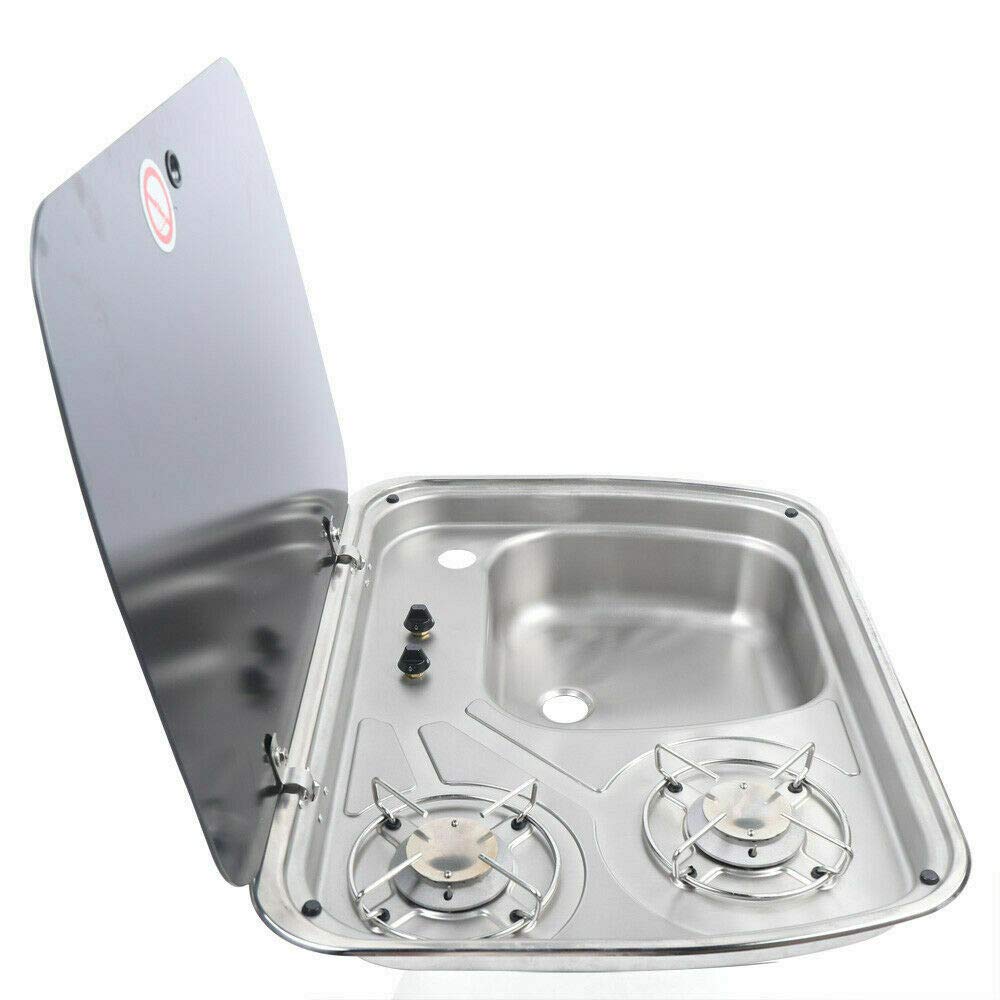 Portable 2 Burner Gas Stove with Sink Combo for RV, Camper, Boat - LPG Powered with Glass Lid (GR-588, Faucet Not Included) - Perfect for Outdoor Cooking & Camping Trips