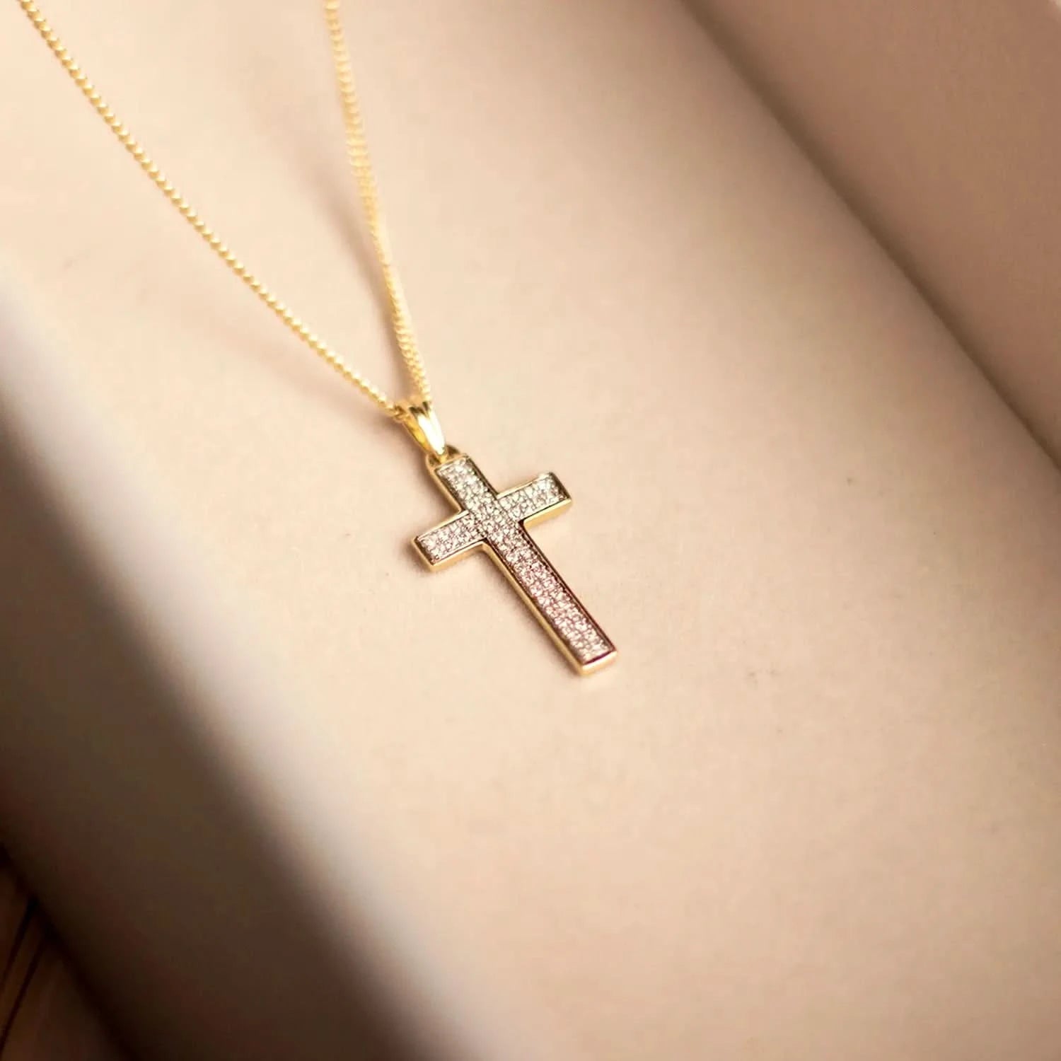 Solid Gold Diamond Cross Necklace for Women - Elegant Religious Jewelry Gift for Baptism, First Communion & Everyday Wear