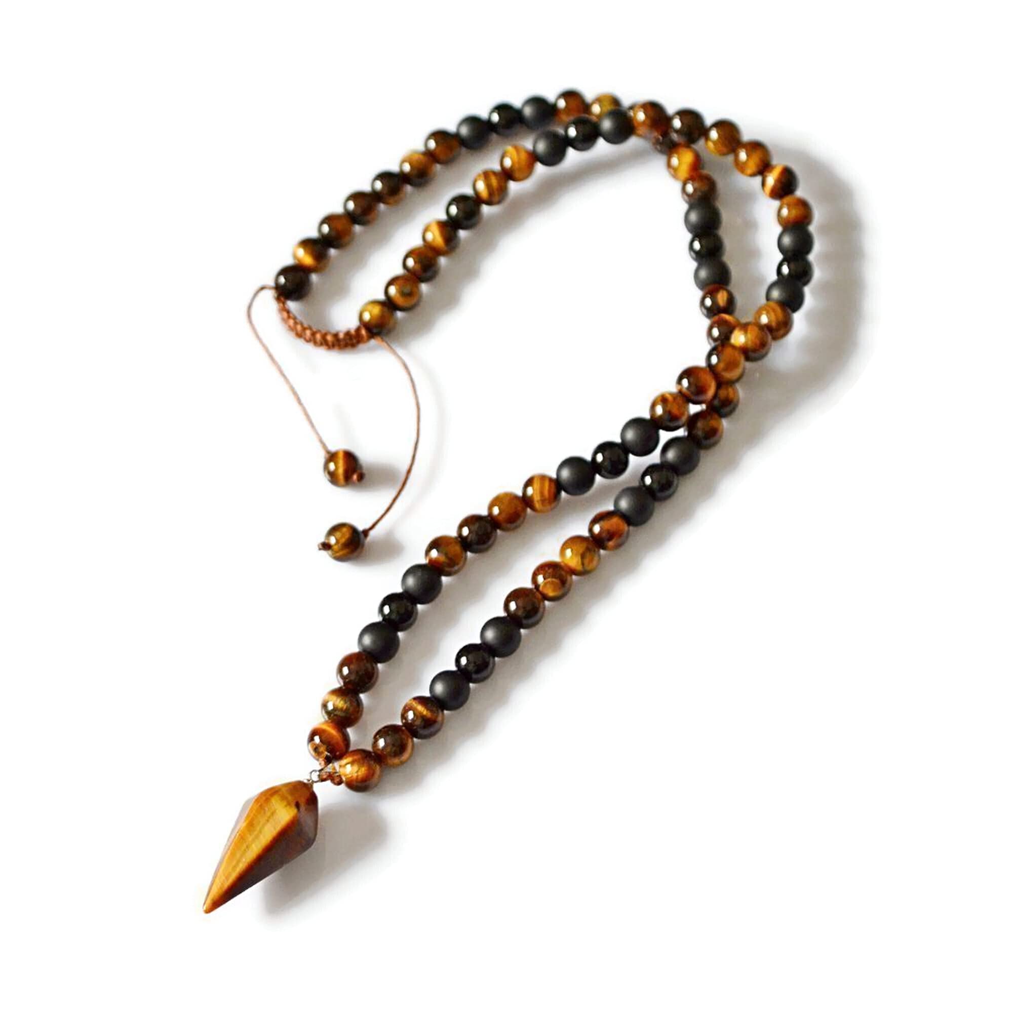 Natural Stone Crystal Pendulum Necklace for Men - Tiger Eye & Black Onyx Beaded Yoga Jewelry with Spiritual Energy - Perfect for Meditation, Dowsing & Boho Fashion Accessories