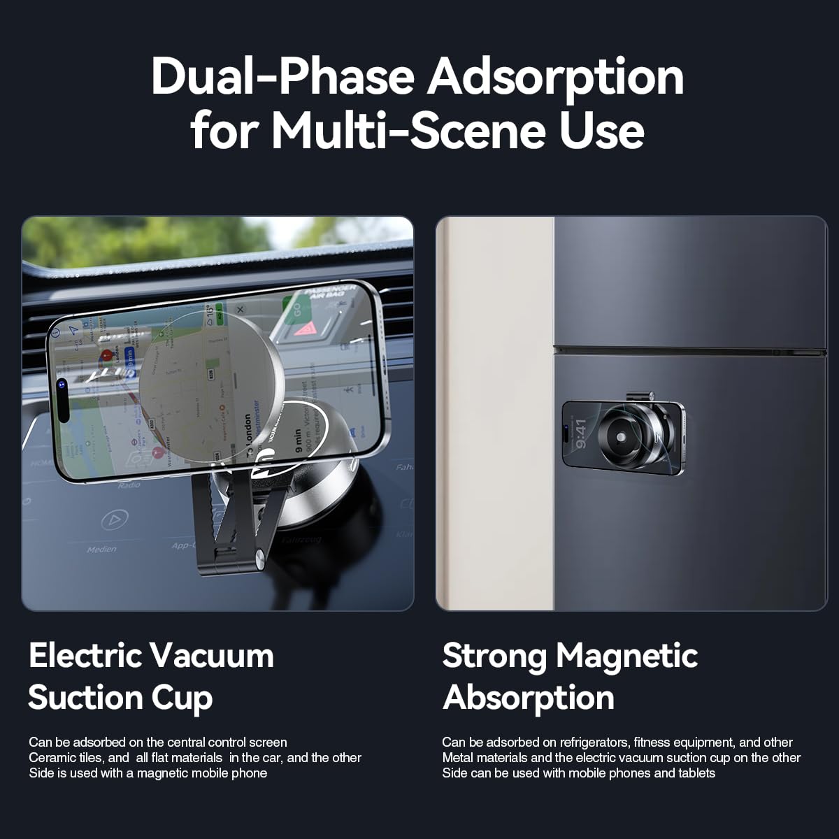 Vacuum Suction Magnetic Car Phone Holder - Strong Foldable Adjustable Car Mount for iPhone 12/13/14/15/16 - Works on Mirror, Glass, Dashboard & Smooth Non-Porous Surfaces (No Charging) - Perfect for Safe Hands-Free Driving & GPS Navigation