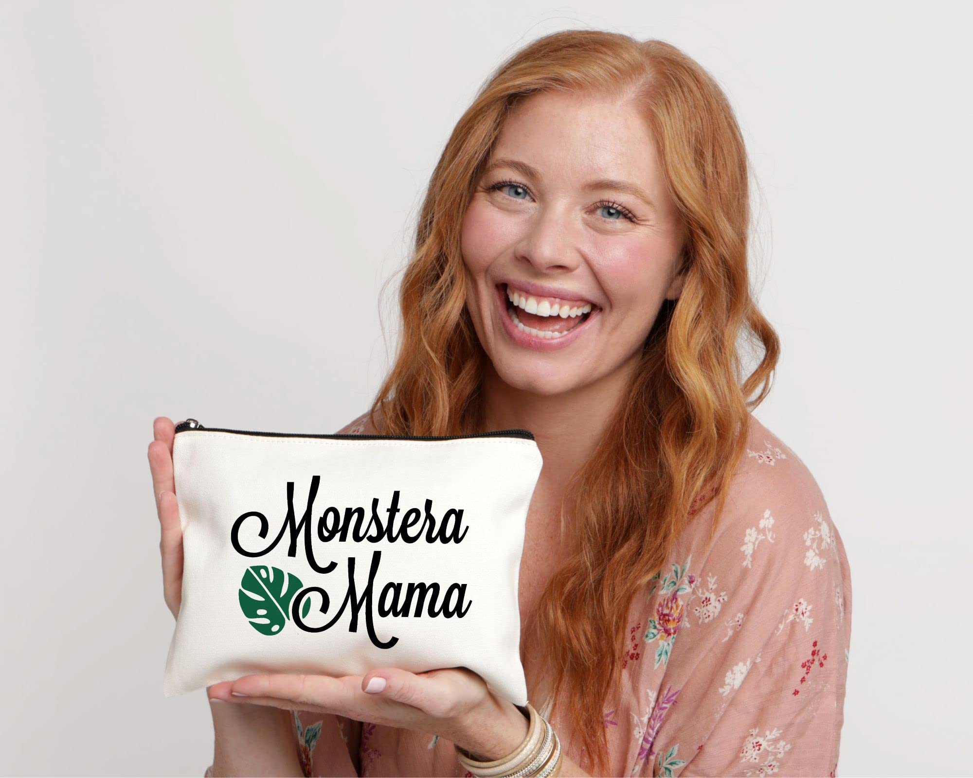 Moonwake Designs Monstera Mama Makeup Bag - Beige Cotton Canvas Cosmetic Pouch for Women, Plant Lover Gift Idea - Perfect for Travel, Gym & Daily Essentials Organization