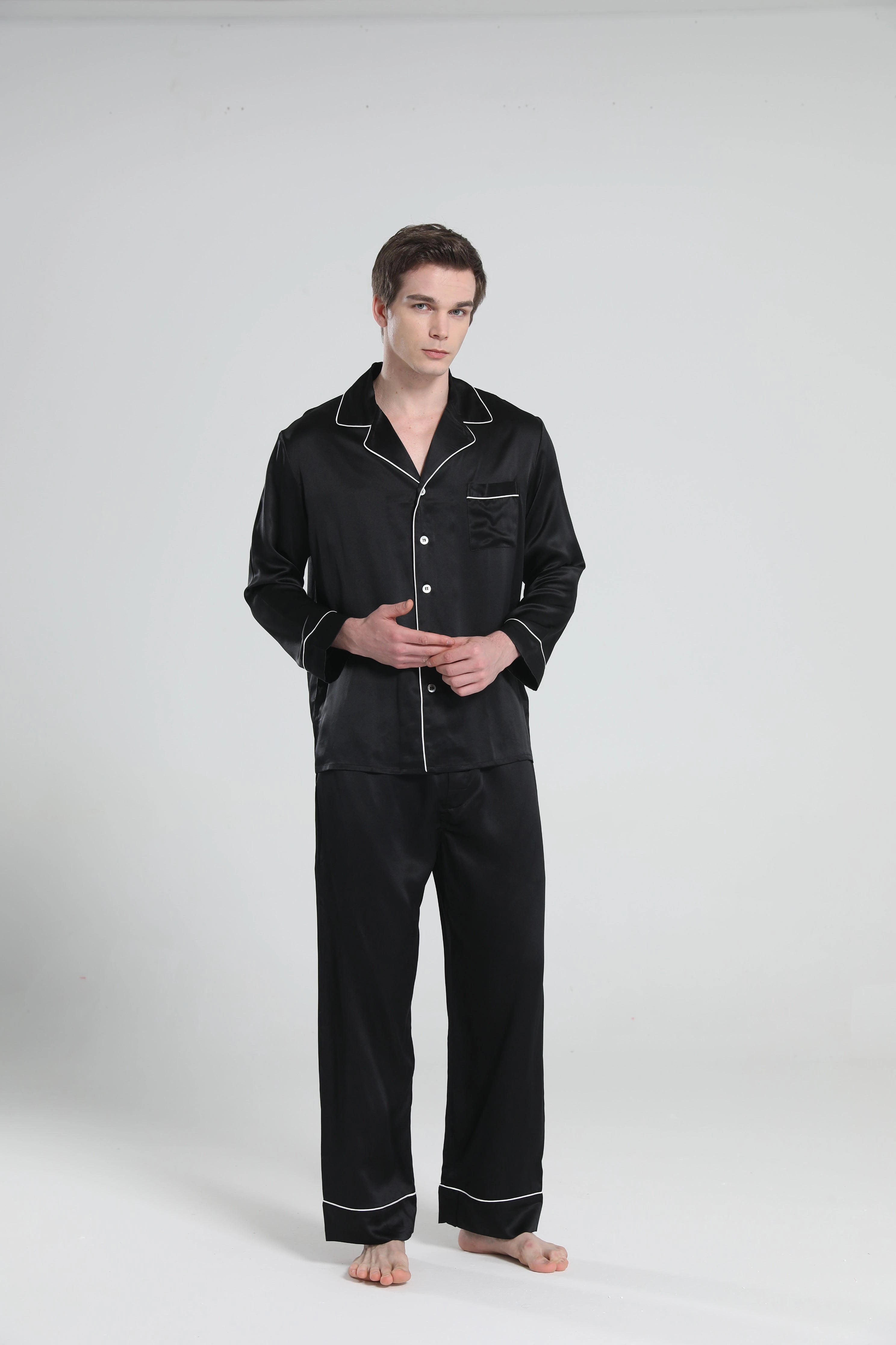 Premium Men's Silk Pajama Set with Lapel Collar - Soft & Breathable Sleepwear for Lounge & Travel - Perfect for Home Relaxation & Hotel Stays