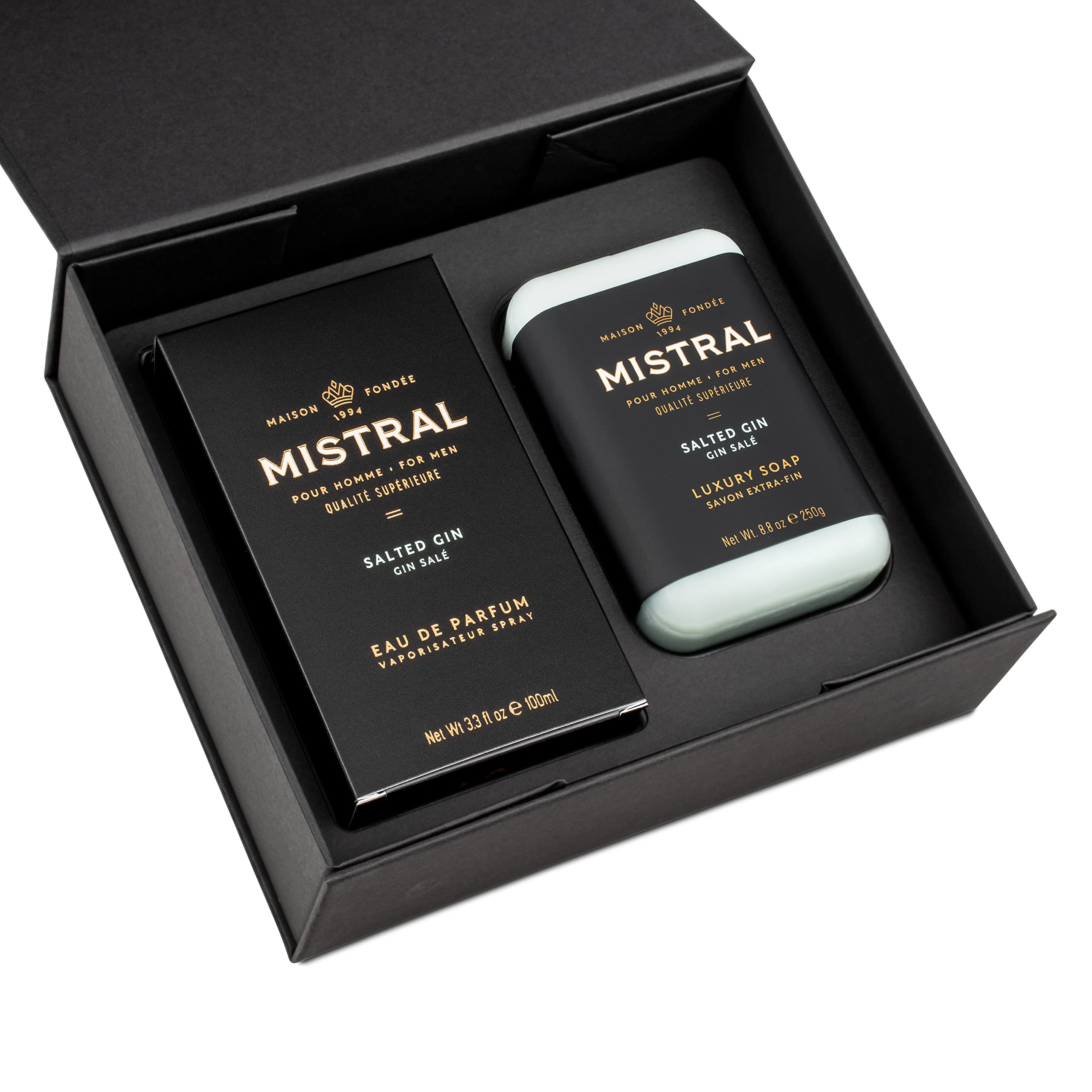 Mistral Cologne & Large Bar Soap Gift Set for Men - Salted Gin Scented Luxury Bath & Body Care - Perfect for Birthday, Anniversary & Holiday Gifts