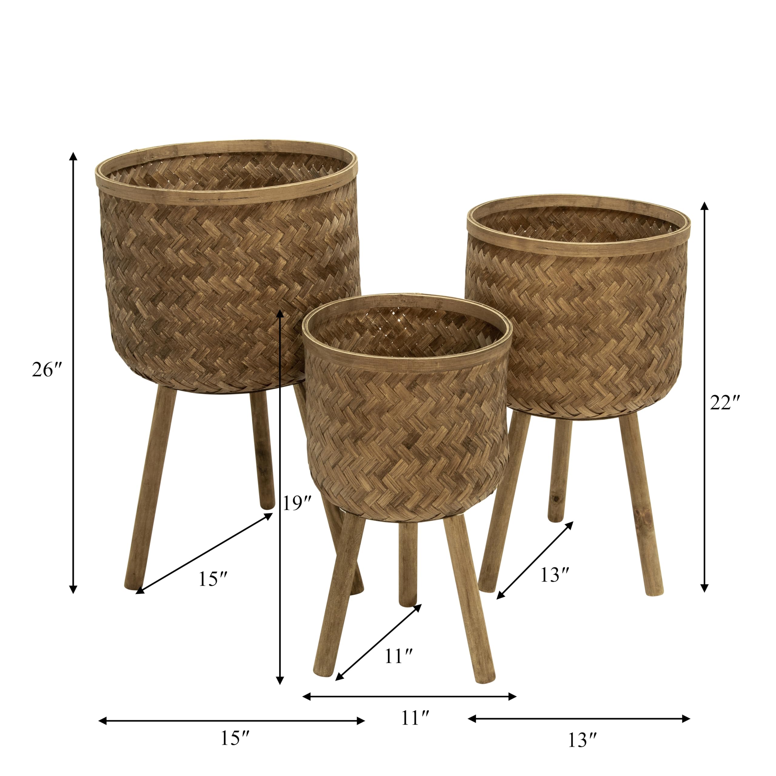 Sagebrook Home Set of 3 Wooden Planters with Stands – Natural Bamboo & Pine Plant Pots, Handwoven Brown Design for Indoor & Outdoor Decor, 22