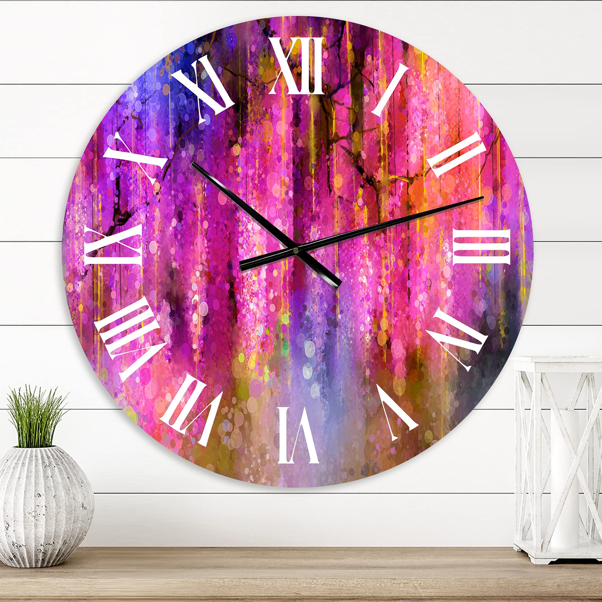 DesignQ Modern Large Wall Clock - Spring Purple & Violet Blossoming Wisteria Tree Art - Elegant Living Room Decor for Home & Office | Perfect for Wall Art, Housewarming Gifts & Interior Design