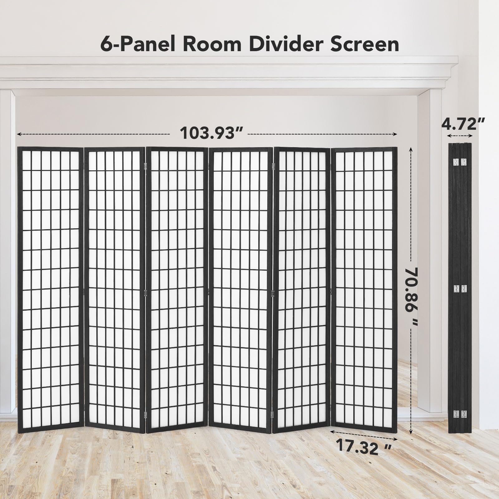 JOSTYLE 6-Panel Room Divider - 5.9 Ft Folding Privacy Screen for Home & Office - Japanese Shoji Style Partition Wall in Black - Perfect for Bedroom Separation, Living Room Privacy & Office Space Dividers