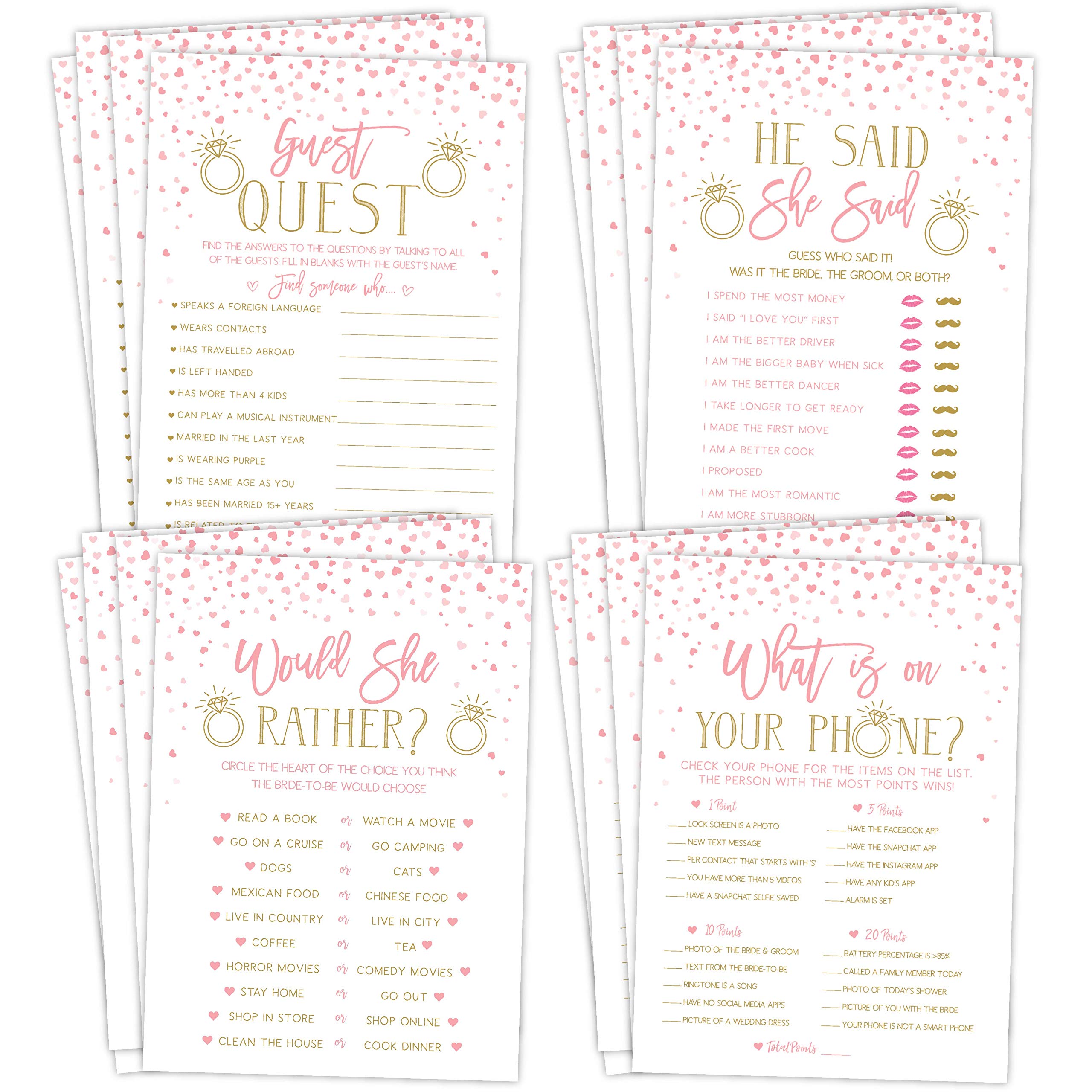 25 Fun Bridal Shower & Bachelorette Party Games Set - Pink & Gold Heart Themed - Includes He Said She Said, Find The Guest, Would She Rather & What's In Your Phone - Double-Sided Printed Cards - Perfect for Wedding Showers, Girls Night & Bachelorette Party Activities
