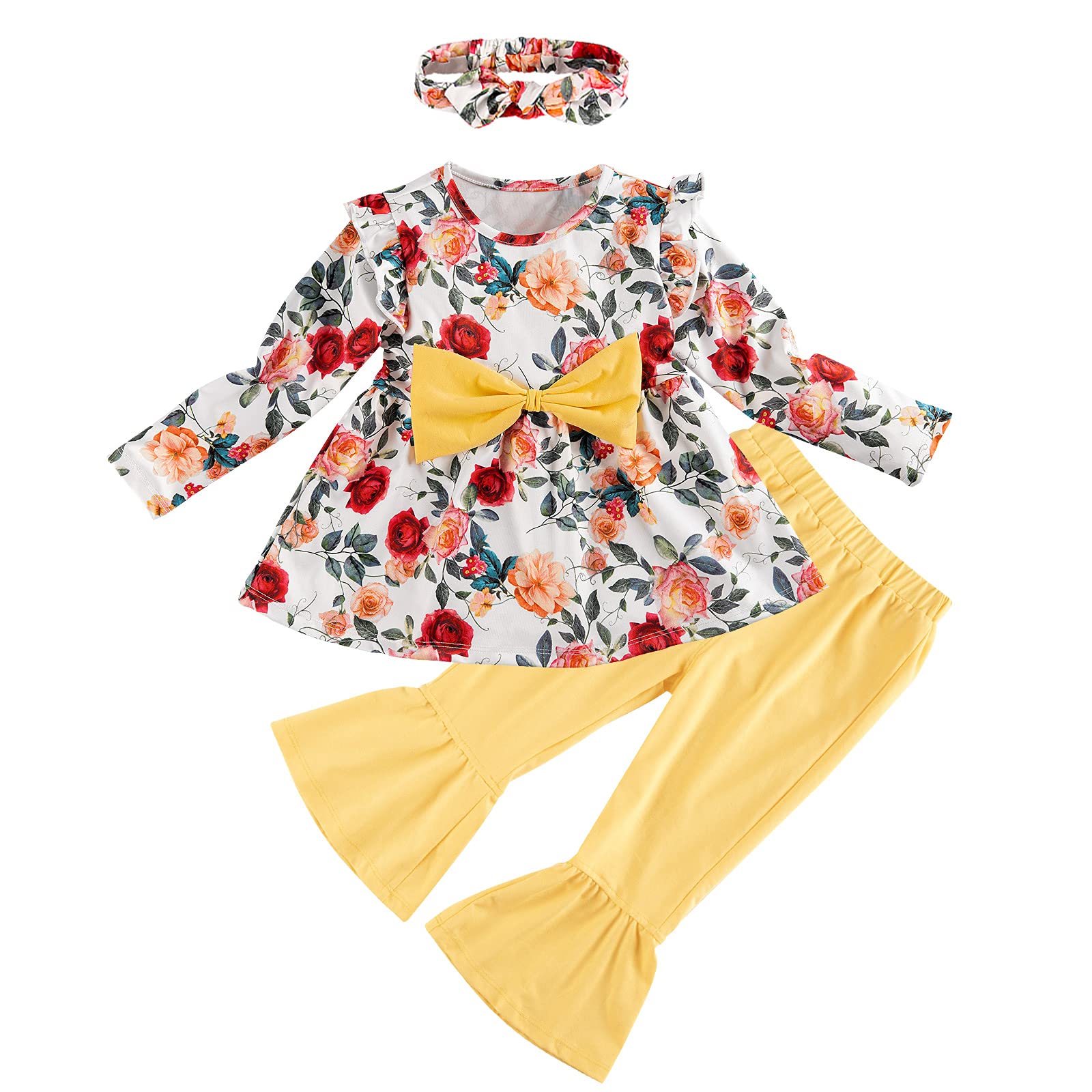Adorable Toddler Baby Girl Outfit - Long Sleeve Ruffle Top & Floral Pants Set with Headband | Fall Winter Clothes for Girls | Perfect for Holiday Photos, Birthday Parties & Family Gatherings