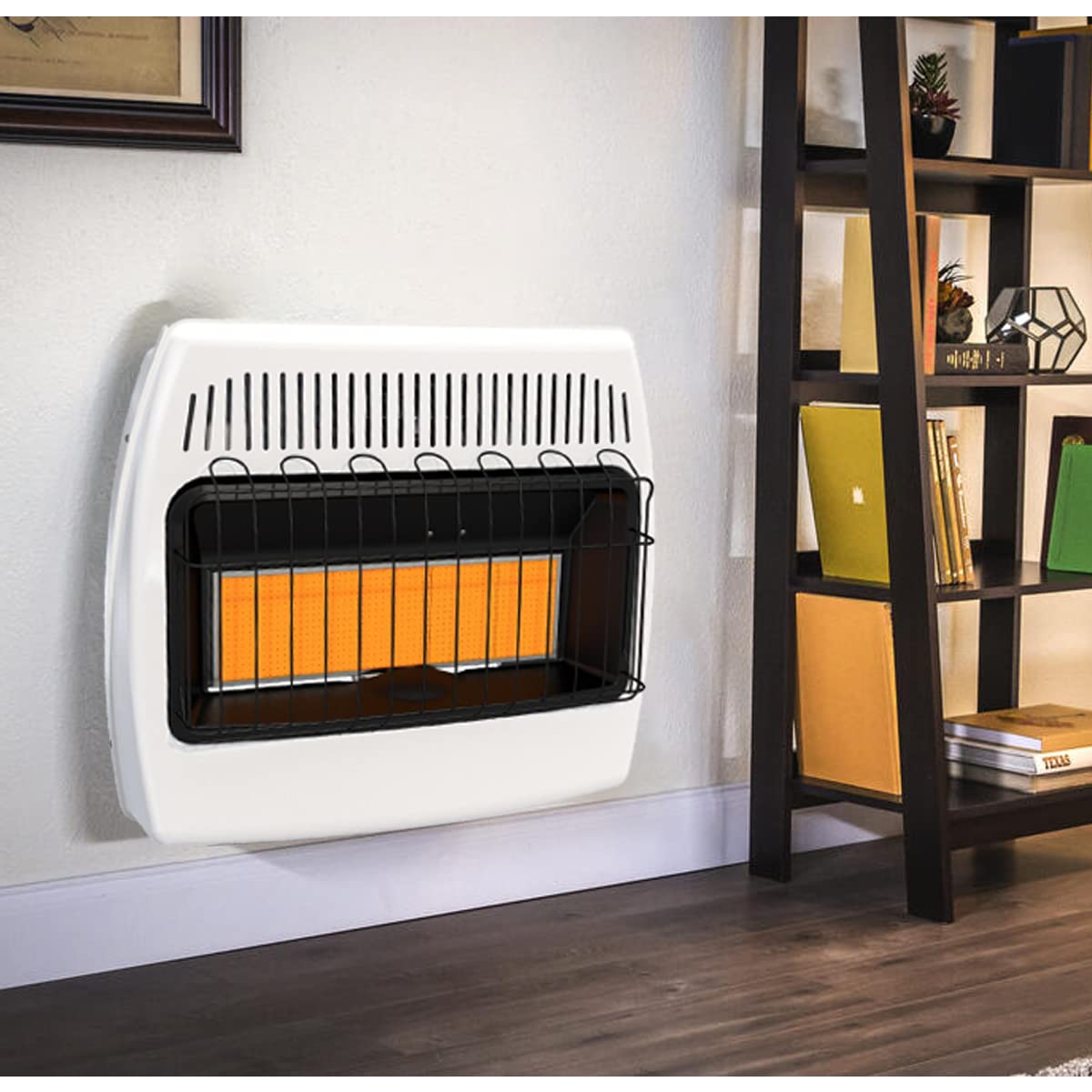30,000 BTU Dual Fuel Natural Gas & Propane Wall Heater - Vent-Free Indoor Space Heater with Free Standing Base Legs in White - Perfect for Garages, Basements & Large Rooms