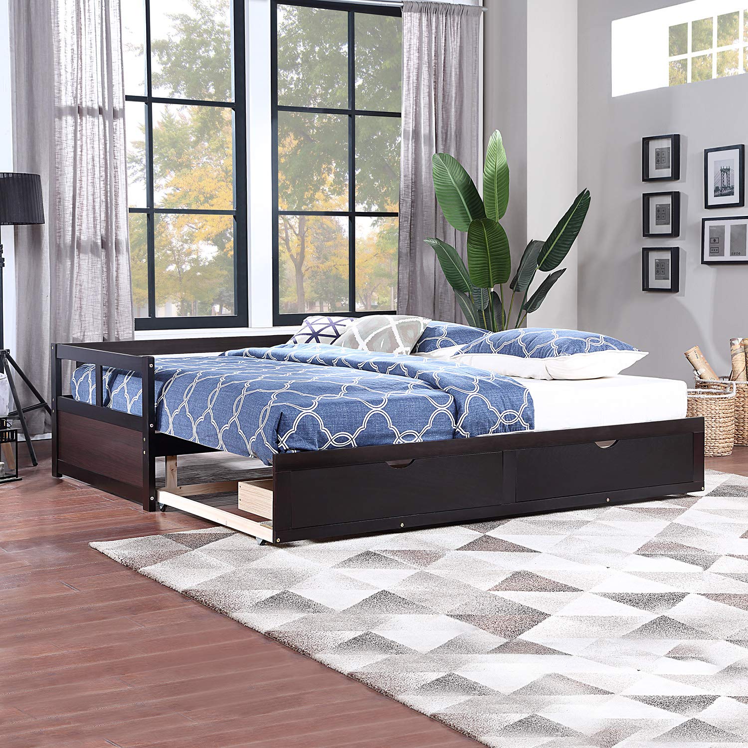 Merax Wooden Daybed with Trundle Bed & 2 Storage Drawers - Convertible Sofa Bed for Guest Room, Living Room & Small Spaces (Espresso Finish) - Perfect for Sleepovers, Home Office & Multi-Functional Furniture Needs