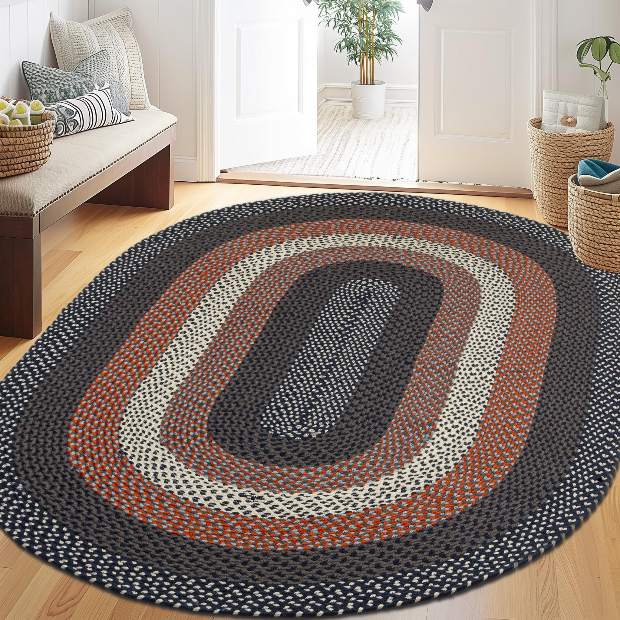 8' x 10' Oval Braided Area Rug - Rustic Red White Blue Washable Indoor Outdoor Rug for Living Room, Bedroom, Patio & Porch | Durable Home Decor for Cozy Spaces & Entertaining Areas