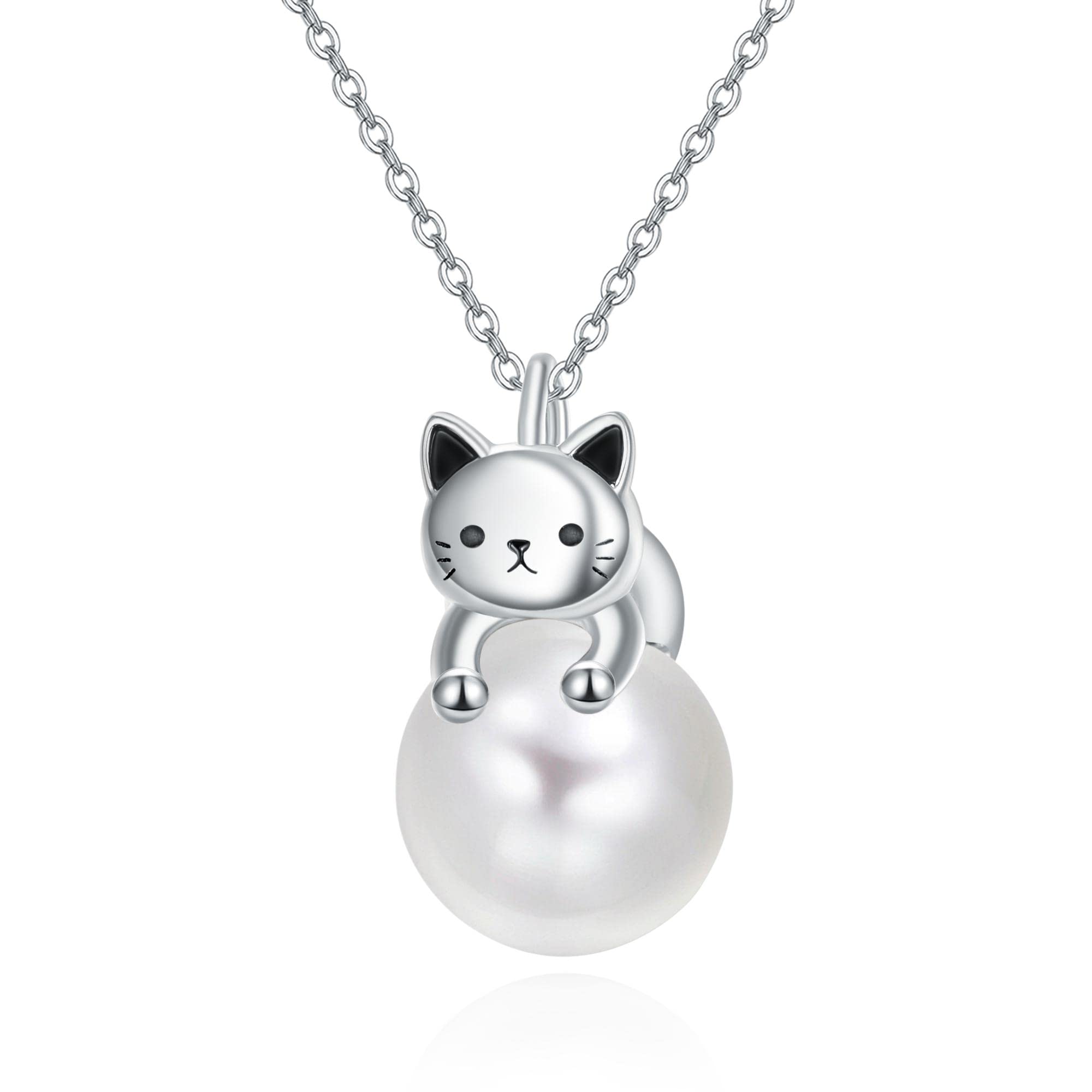 DreamBoat Cat Pearl Necklace for Women - 925 Sterling Silver Kitten Pendant Jewelry | Elegant Animal-Themed Gift for Cat Lovers, Birthday & Anniversary