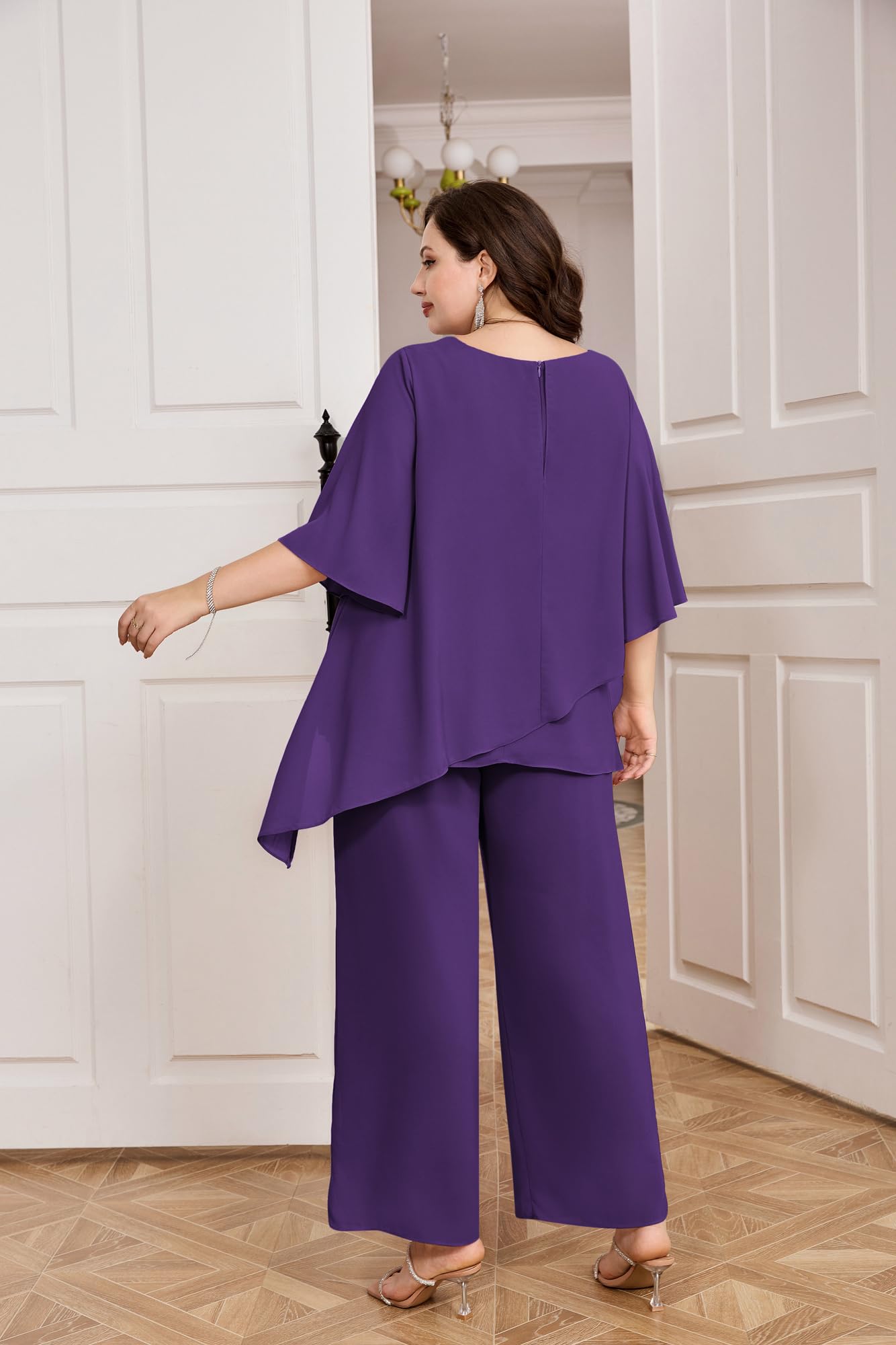 Hanna Nikole Plus Size Mother of Bride Pant Suits - 2 Piece Chiffon Sets with Ruffle Layers for Wedding Guest Outfit | Elegant Formal Wear for Special Occasions & Evening Events