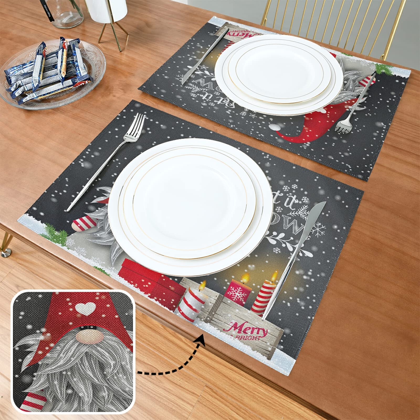Winter Gnome Placemats Set of 6 - 12x18 Inch Washable Table Mats for Dining & Kitchen - Rustic Farmhouse Holiday Decor for Christmas Parties & Seasonal Home Decor