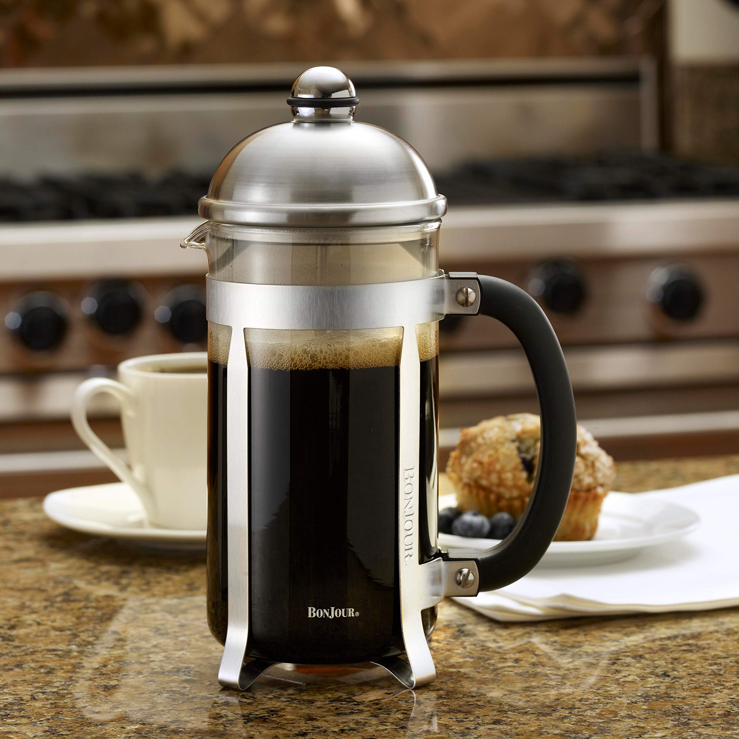 Bonjour Maximus 8 Cup French Press Coffee Maker - Stainless Steel Silver - Perfect for Home, Office & Camping Brewing