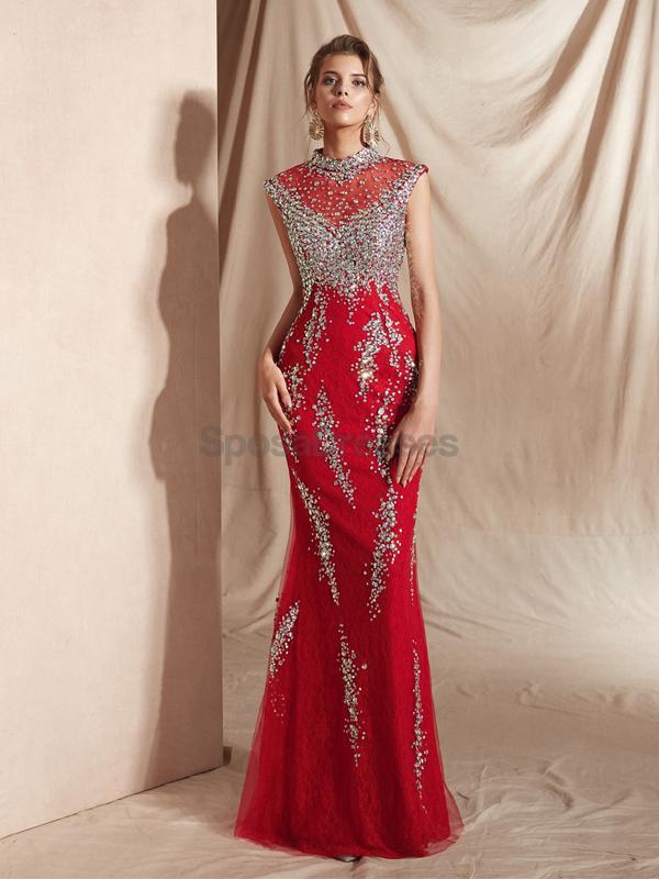 Elegant High Neck Red Beaded Mermaid Prom Dress for Evening Party & Formal Events - Perfect for Prom, Homecoming, and Special Occasions