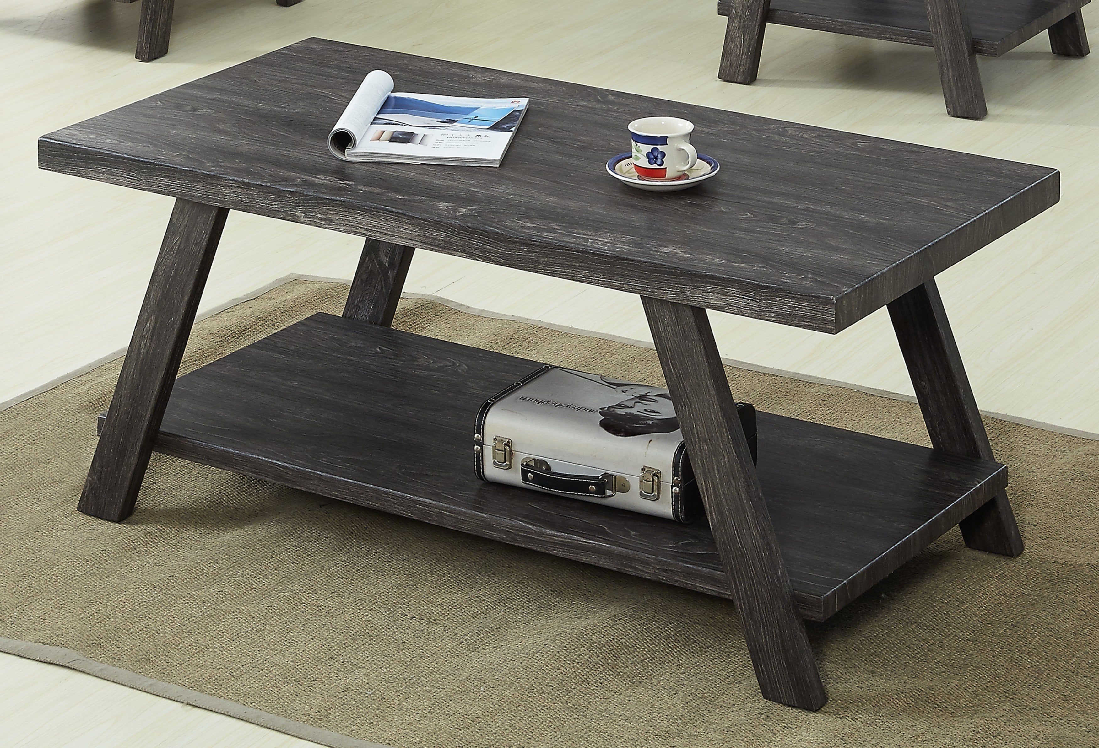 Roundhill Furniture Athens Contemporary Replicated Wood Shelf Coffee Table in Charcoal Finish - Modern Living Room Centerpiece for Home Decor & Storage