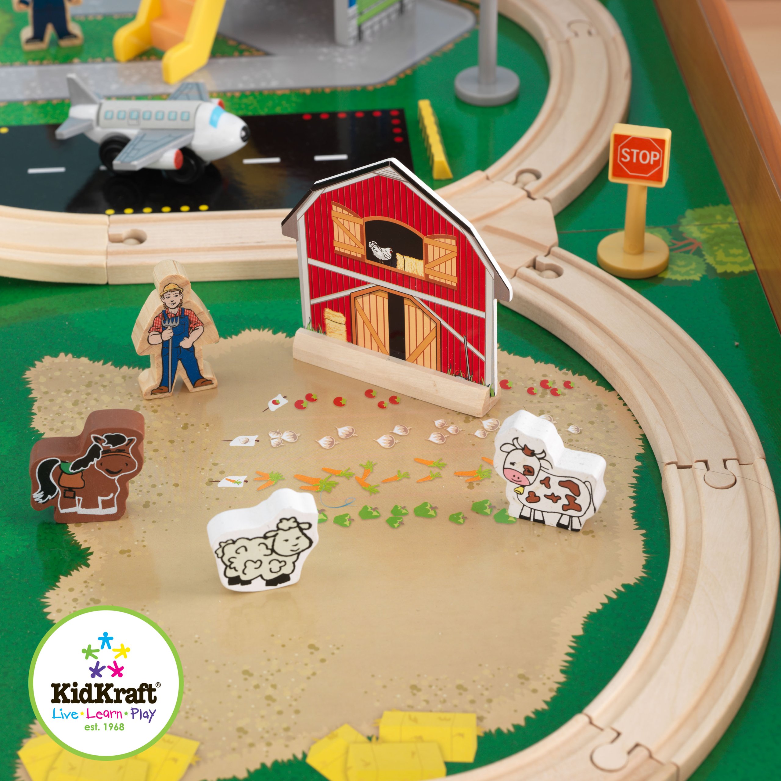 KidKraft Ride Around Town Wooden Train Set with Table - 100-Piece Playset Includes Helicopter, Airplane & Farm Accessories - Storage Bins & Major Brand Compatibility - Perfect for Preschool Playrooms & Toddler Birthday Gifts (Honey Finish)