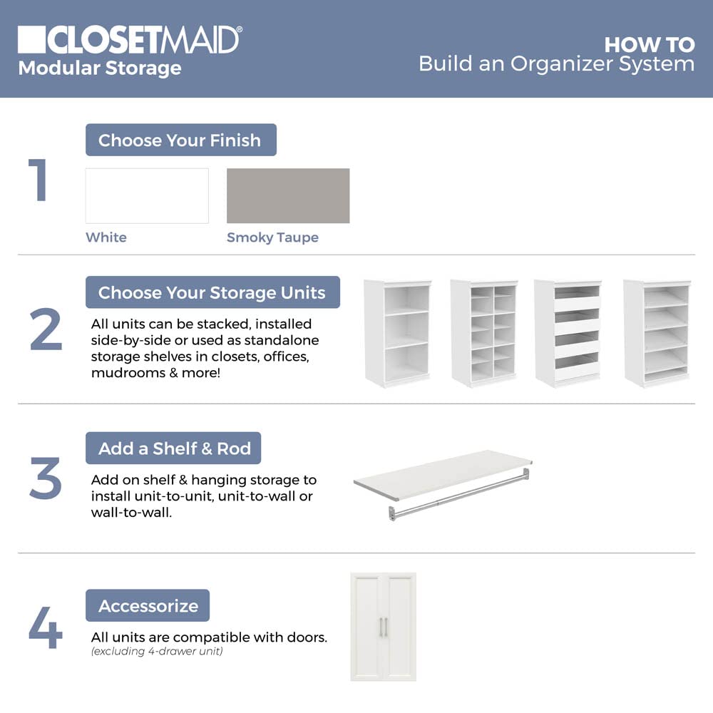 ClosetMaid 4-Drawer Modular Storage Unit - Wooden Closet Organizer with Stackable Design, Full Backer & Decorative Trim - White | Perfect for Bedroom, Closet & Home Organization