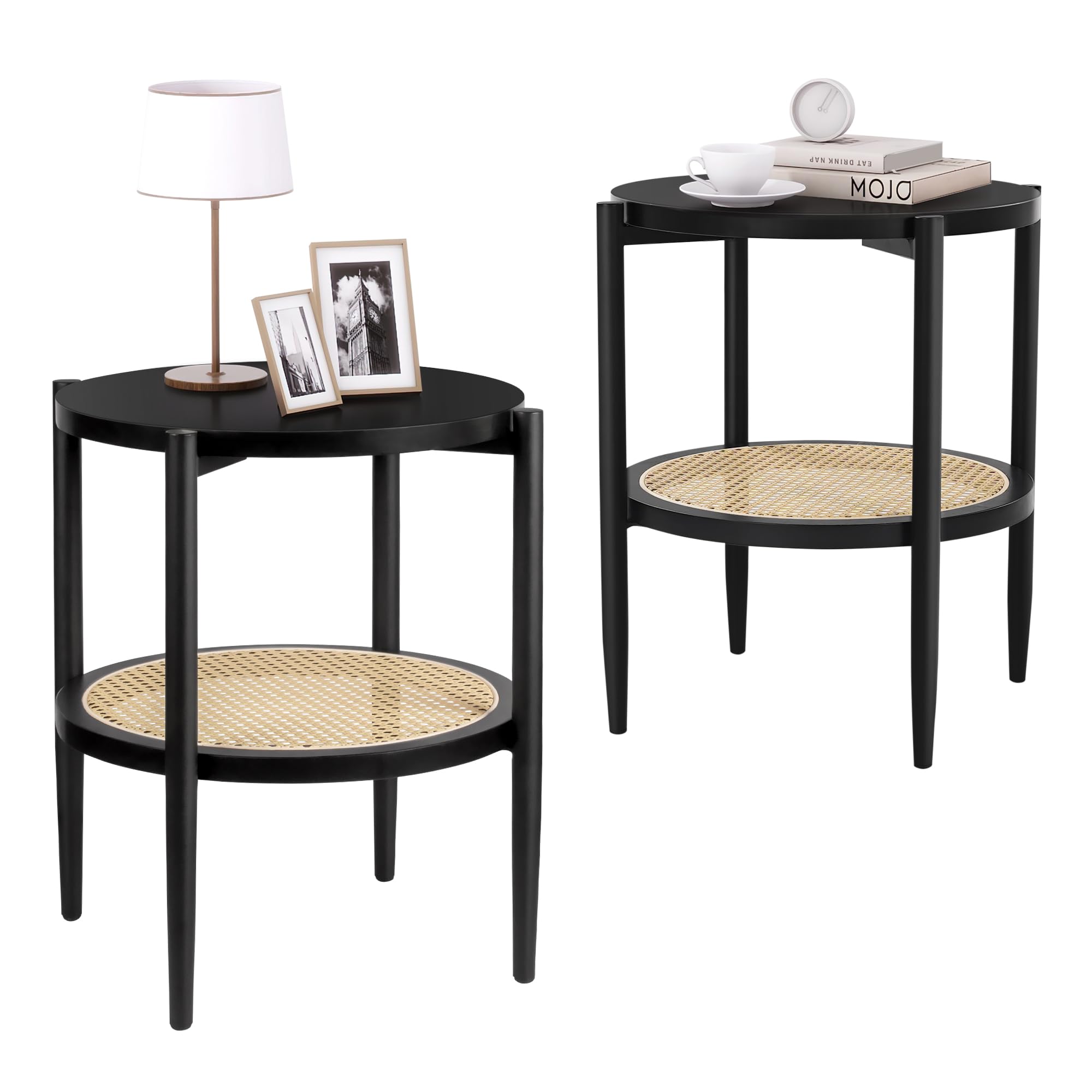 KithKasa Black Small Side Table Set of 2 - Mid Century Modern End Tables with Rattan Storage | 2-Tier Round Side Tables for Living Room, Bedroom, Cafe & Small Spaces | Perfect for Coffee, Books & Home Decor