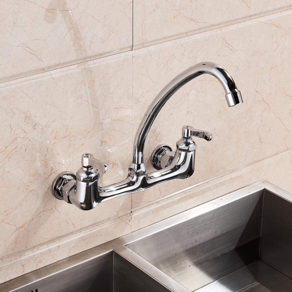 360° Swivel Chrome Wall Mounted Kitchen Faucet - Dual Handle Hot & Cold Water Mixer Tap with Goose Neck Spout for Modern Kitchen Sink