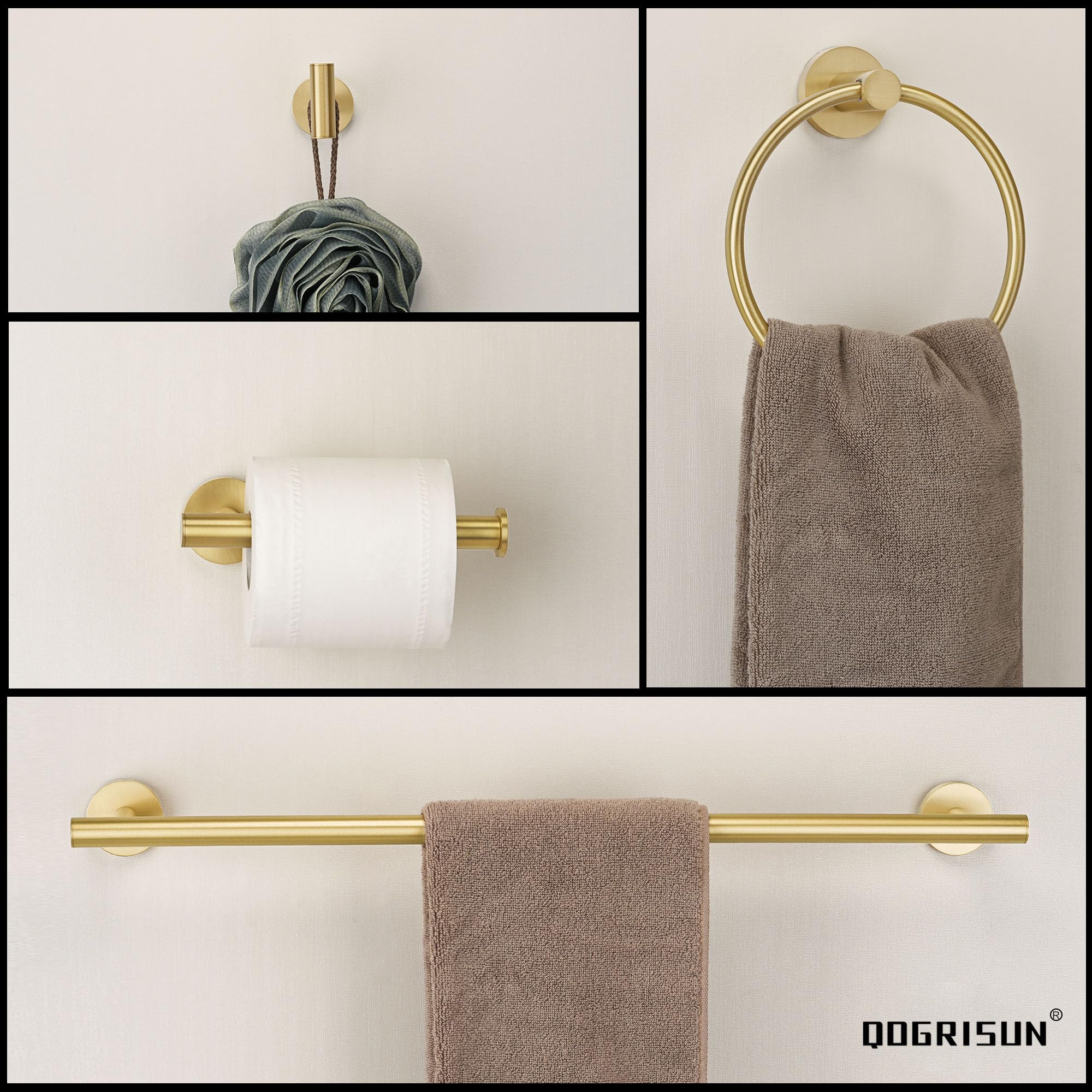 QOGRISUN Heavy Duty Brass Towel Hook - Gold Wall Mounted Coat Hook for Bathroom, Bedroom & Entryway - Modern Brushed Brass Door Hanger for Towels, Robes & Clothes (1 Pack) - Perfect for Spa, Hotel & Home Decor