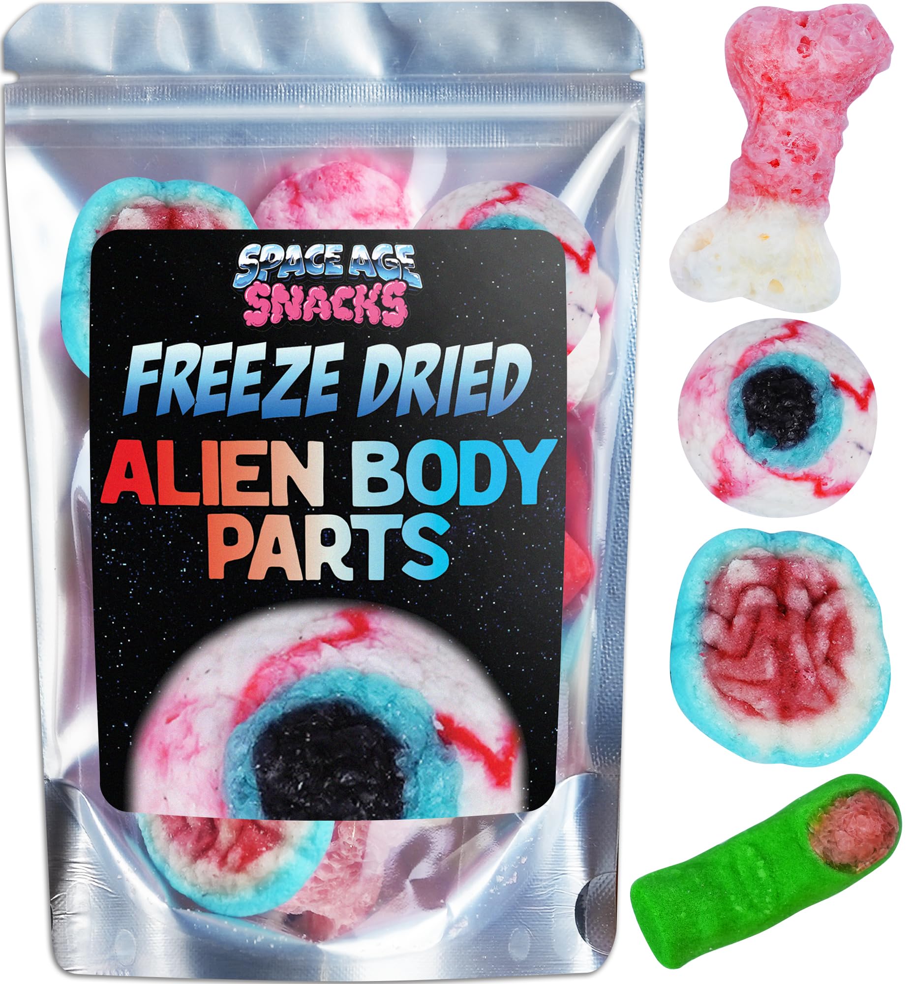 Premium Freeze Dried Alien-Themed Candy - Brains, Eyeballs, Fingers & Bones (4oz) | Space Ship Packaging with Protective Box & Fun Stickers | Perfect for Halloween, Cosplay, Sci-Fi Parties & Unique Gifts