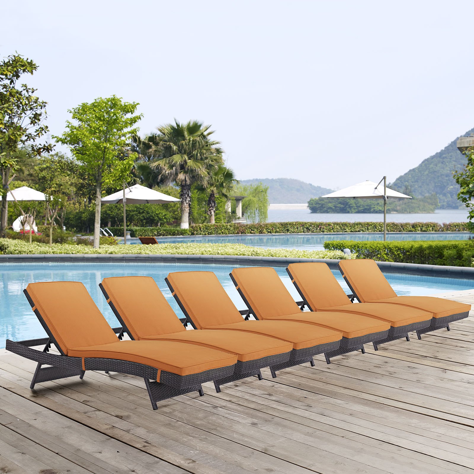 Modway Convene Wicker Rattan Outdoor Patio Chaise Lounge Chairs Set of 6 - Espresso Orange Color, Water-Resistant & Durable for Poolside, Garden, and Backyard Relaxation