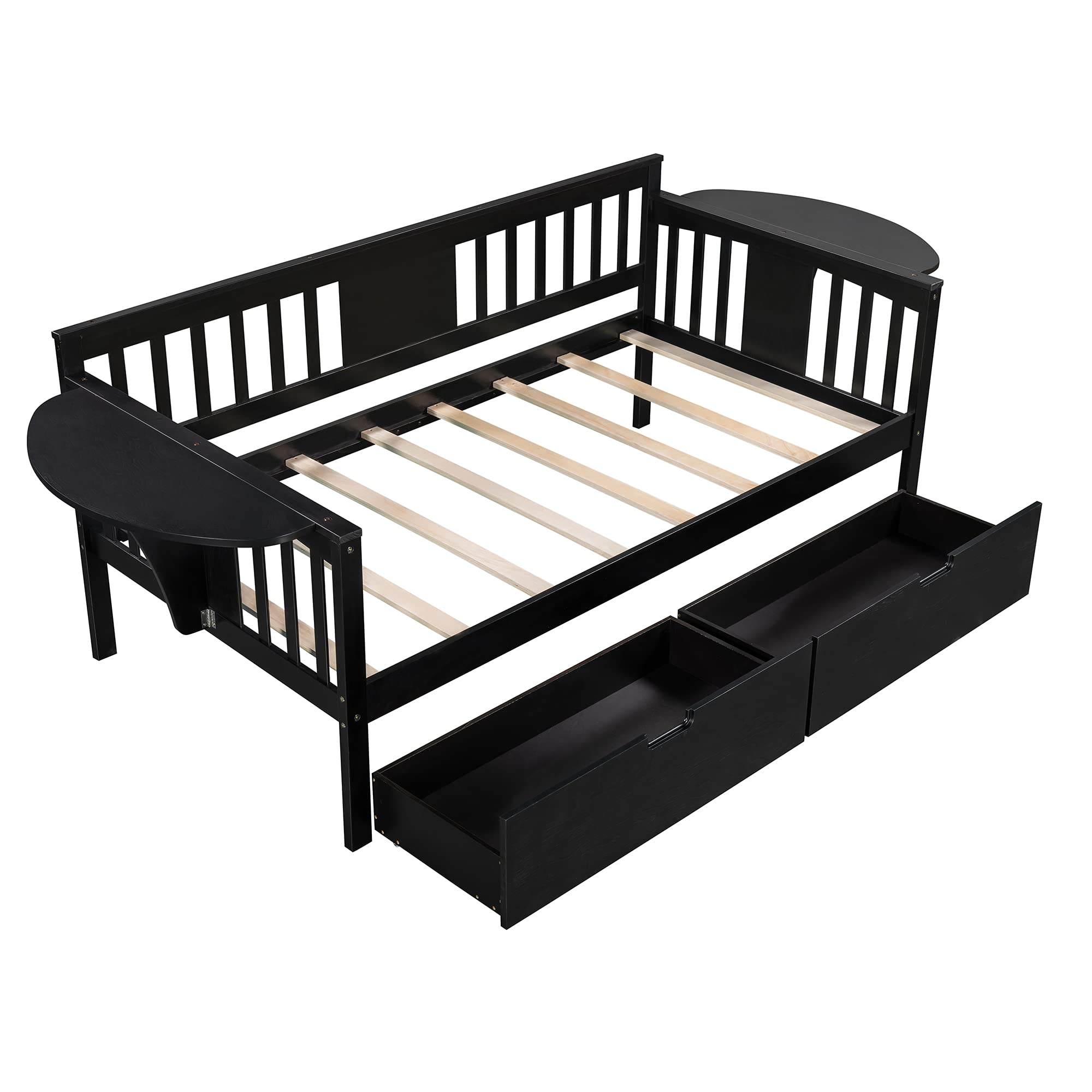 Solid Wood Daybed with 2 Folding Tables & 2 Drawers - Twin Size Multi-Functional Bed Frame for Kids, Teens & Guest Rooms - No Box Spring Needed - Perfect for Small Spaces, Sleepovers & Home Office Use
