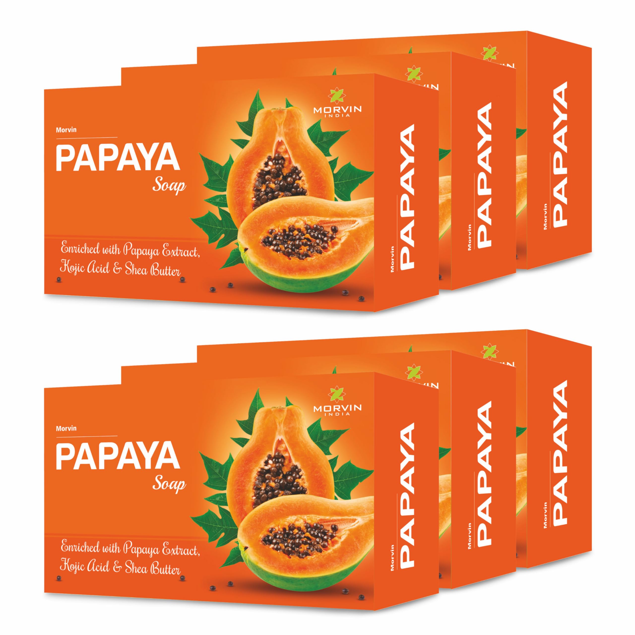 Morvin Papaya Soap Bar for Dark Spots & Acne - Enriched with Papaya Extract & Shea Butter (75g, 6-Pack) - Brightening Face & Body Cleanser for Glowing Skin | Perfect for Daily Skincare Routine & Acne-Prone Skin