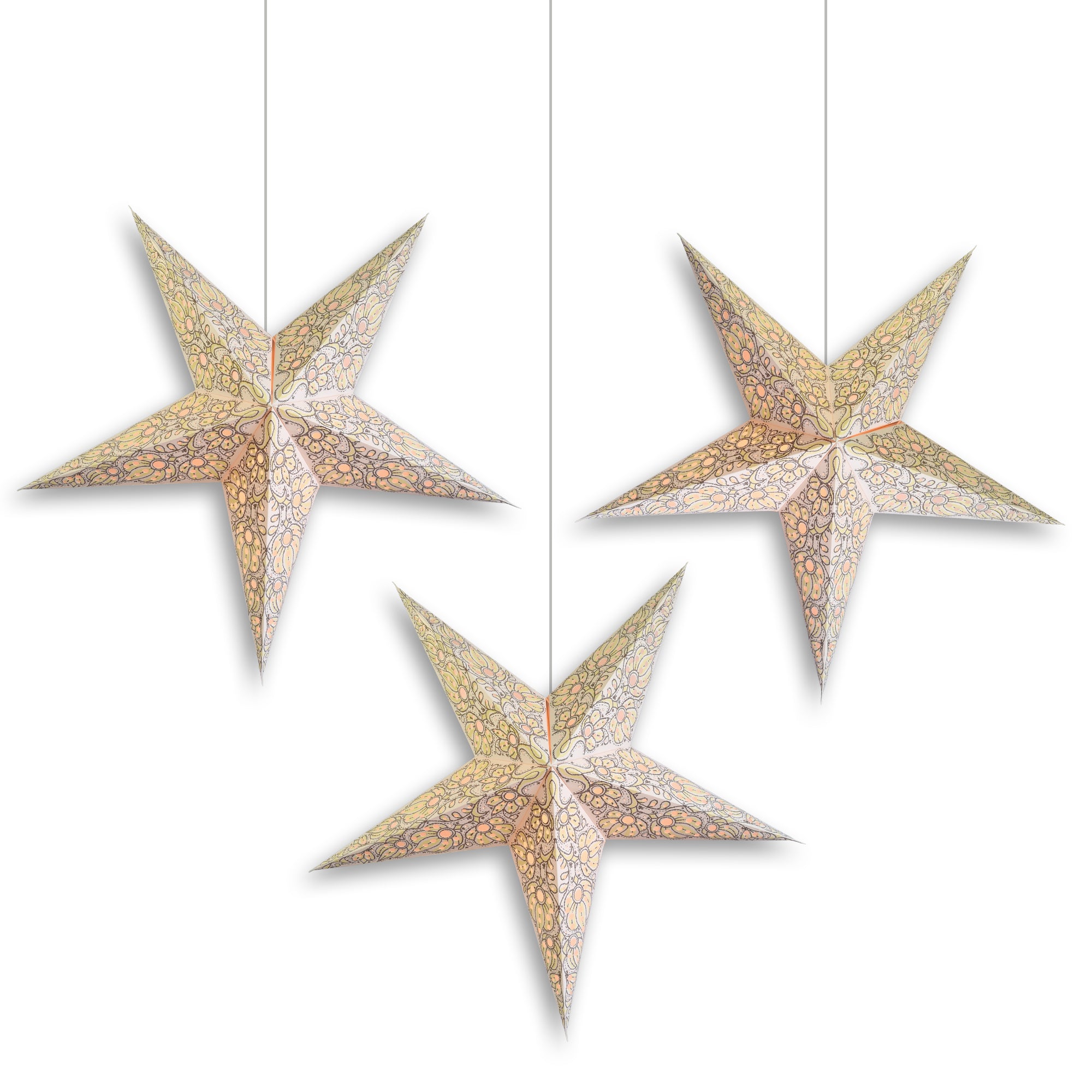 3 Pack 24 Inch White Paper Star Lanterns with Solar LED Lights - Hanging Decoration for Indoor/Outdoor Parties, Weddings, and Garden Decor