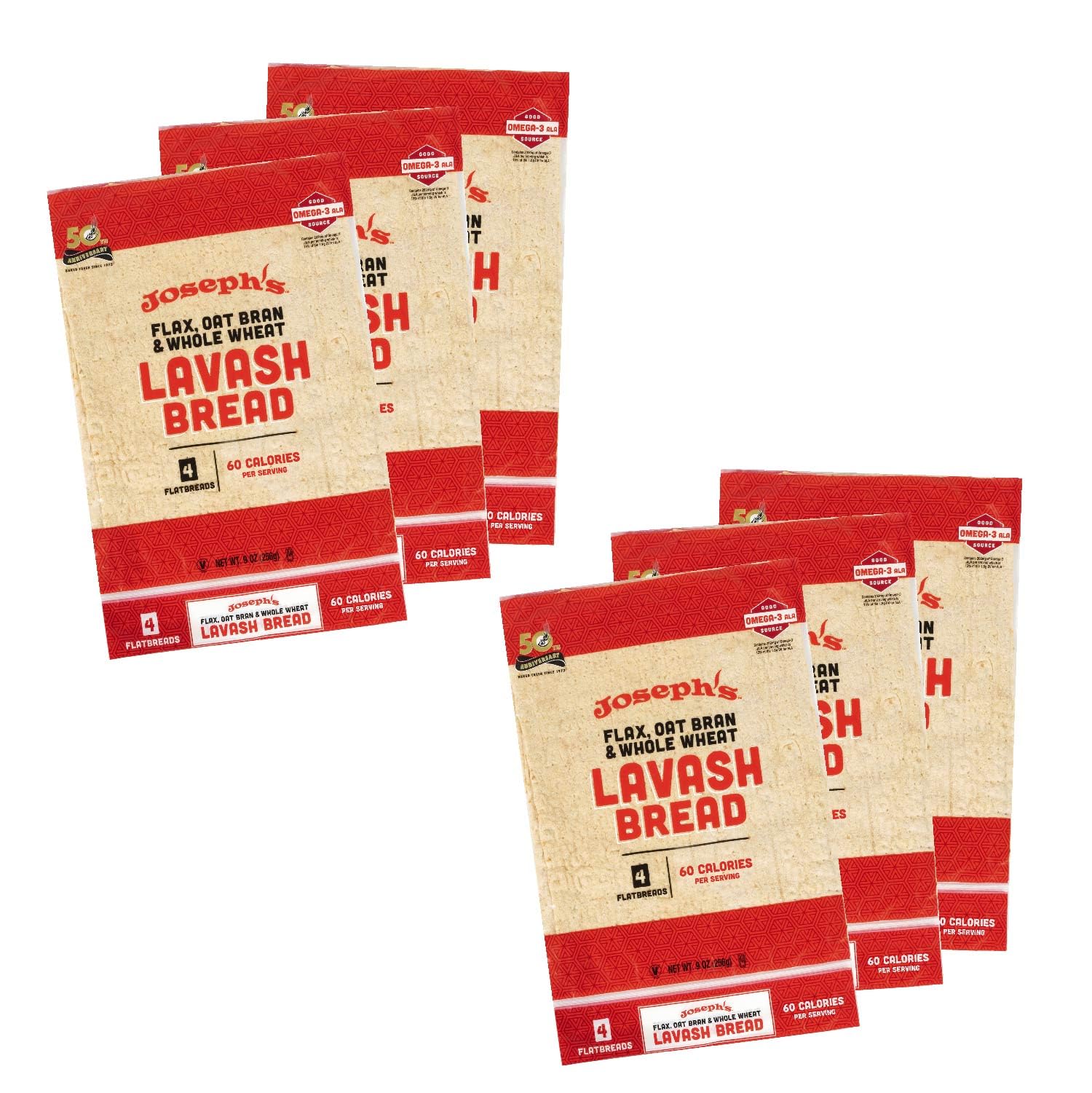 Joseph's Lavash Bread Value 6-Pack - Flax, Oat Bran & Whole Wheat Low Carb Flatbread (4 per Pack, 24 Total) | Perfect for Wraps, Sandwiches & Healthy Snacking
